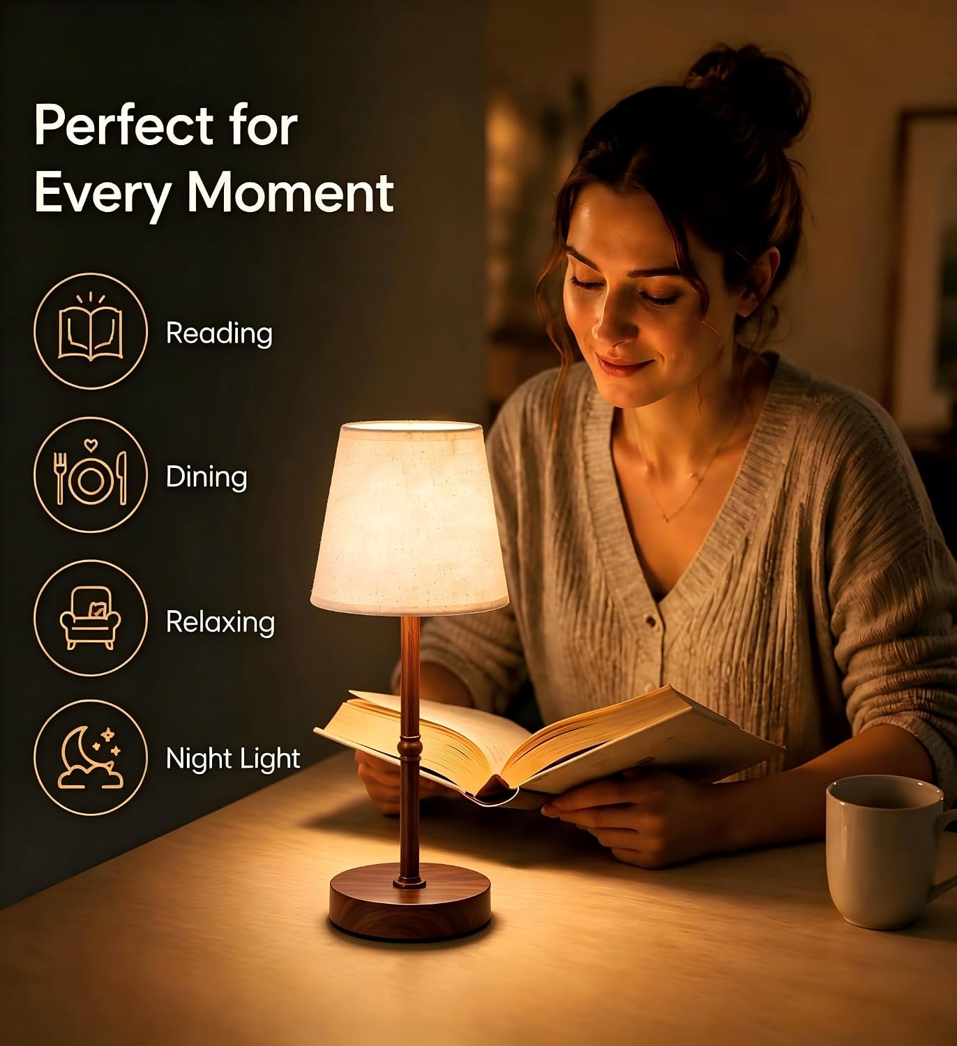 Cordless LED Table Lamp, 6000mAh Rechargeable Battery Operated Desk Lamp, 6-Level Dimming Metal Portable Nightlight for Restaurant…
