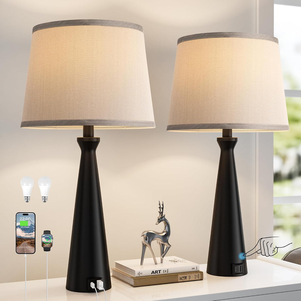 Seealle Modern Table Lamps Set of 2 - Touch Bedside Lamp for Nightstand with Dual USB C+A,3-Way Dimmable Nightstand Lamps for Living Room…