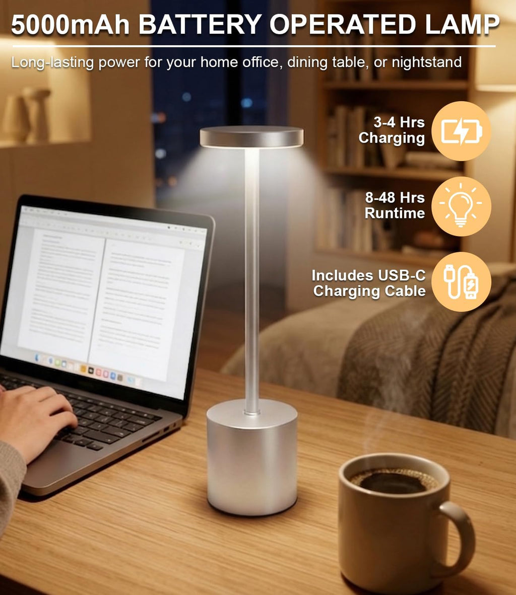 Silver Cordless Table Lamp Rechargeable - 2 Pack 5000mAH Battery Operated Lamp for Counter, 3 Color Stepless Dimming Waterproof LED…