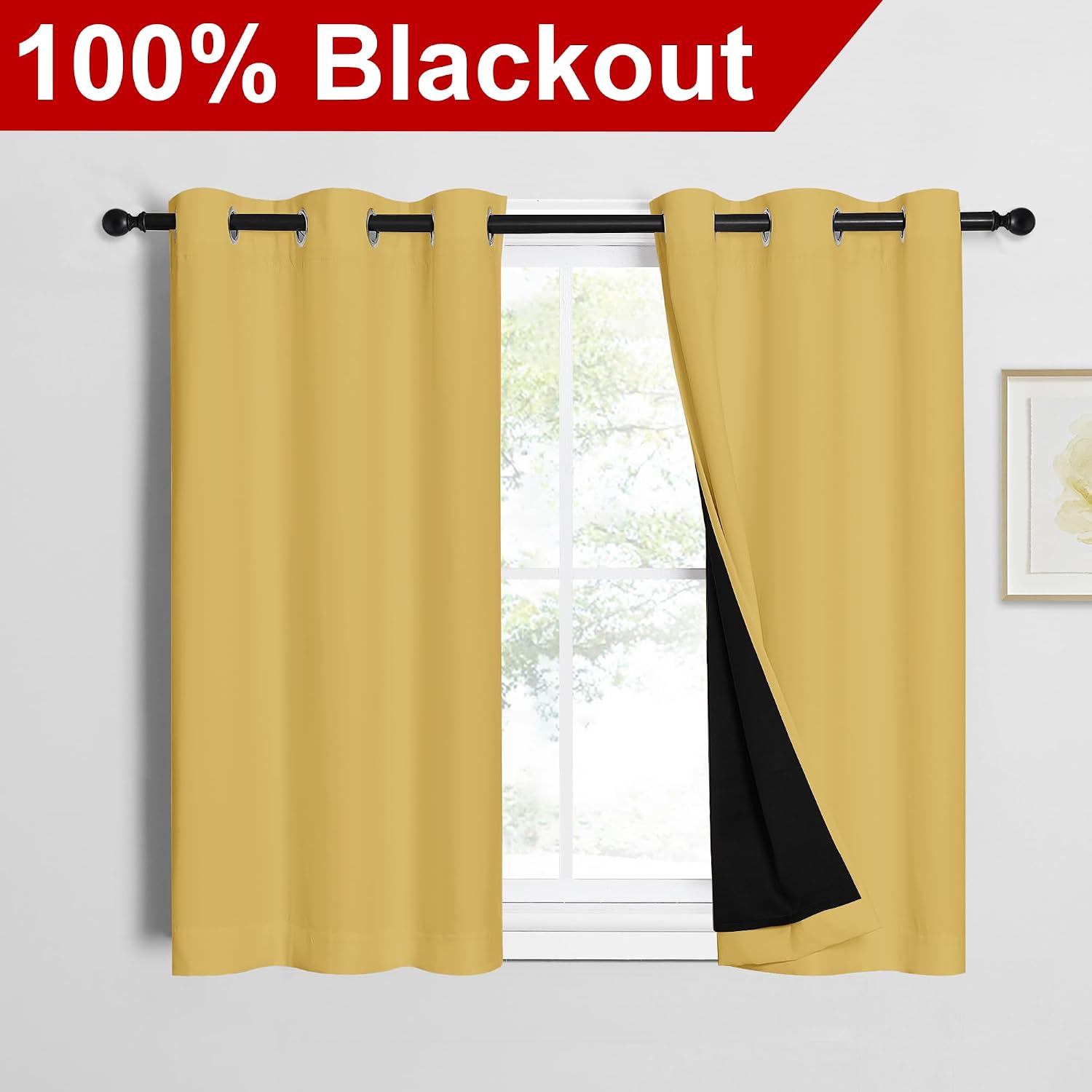 Nicetown Bright Yellow 100% Blackout Curtains 45 inches Long, Thermal Insulated Full Blackout 2-Layer Lined Curtains, Energy Efficiency Win…