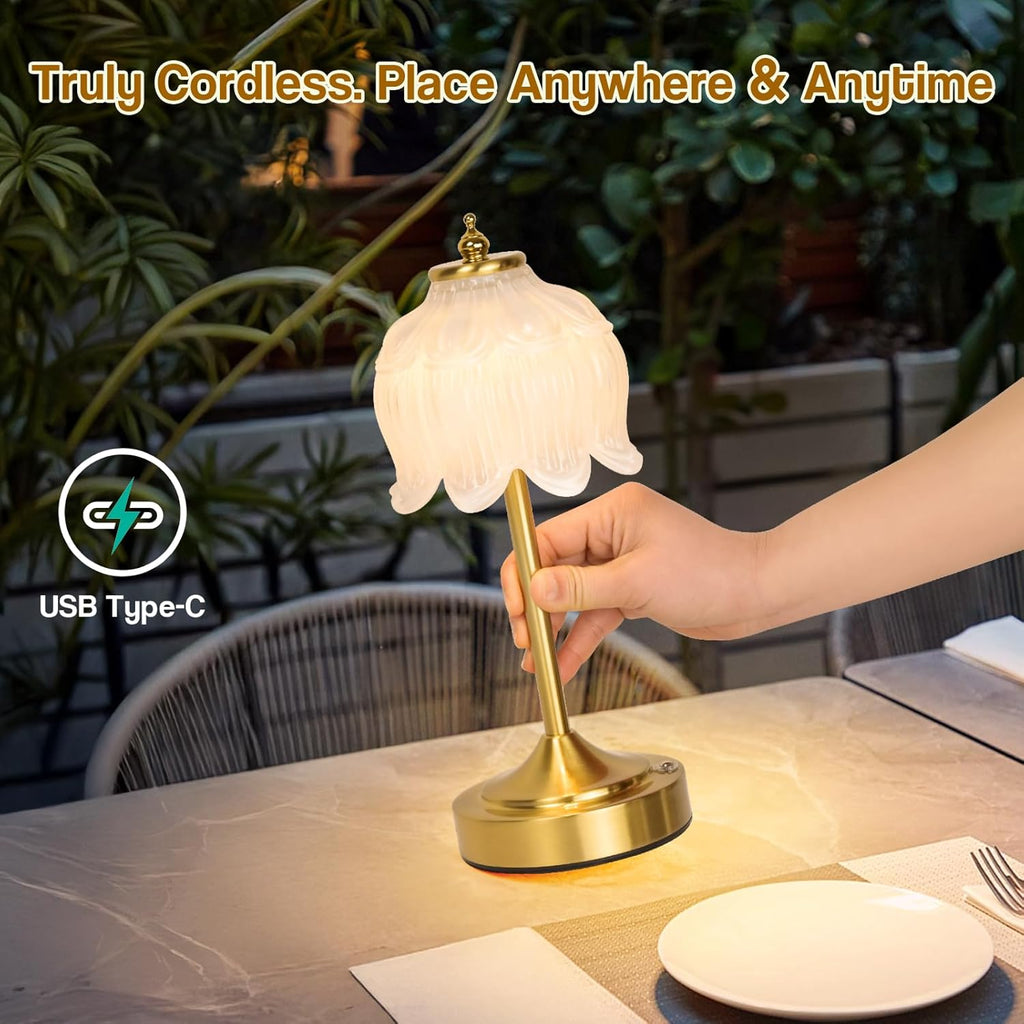 Cordless Lotus Flower Table Lamp, 5200mAh Rechargeable Battery Operated Portable Lamp, 3-Color Dimmable Touch Control Small Desk Lamp for…