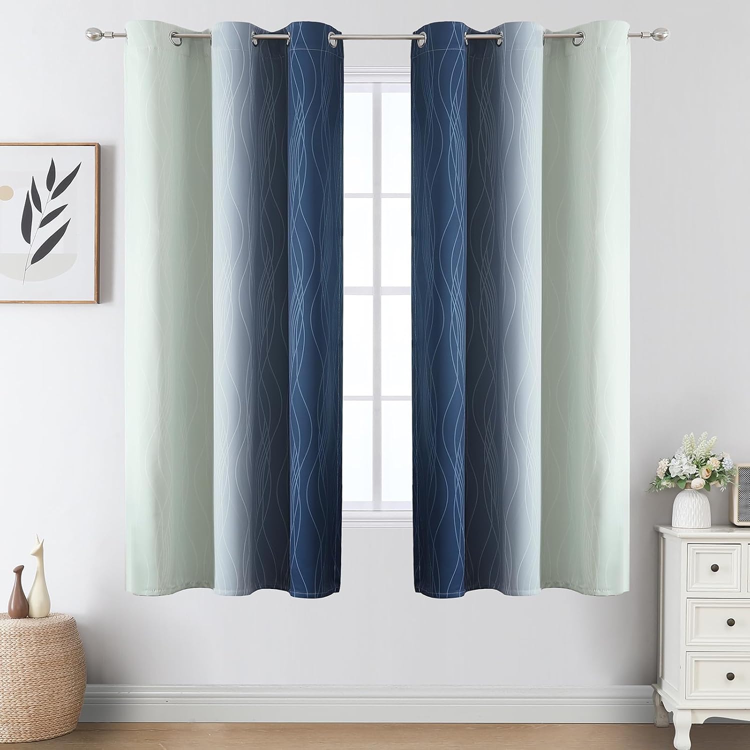 Estelartextiler Estelar Textiler Navy Blue and Sage Green Ombre Blackout Curtains 63 Inches Long 2 Panels, Full Room Darkening Grommet Curt…