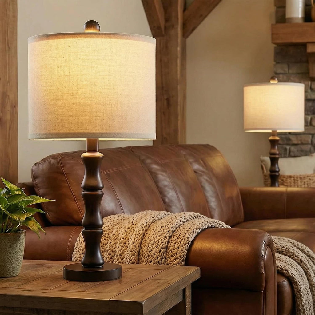 BOBOMOMO 20.5" Classic Table Lamps Set of 2, Farmhouse Nightstand Lamps with Dark Wood Grain Resin Base & Linen Shade, Small Bedside…