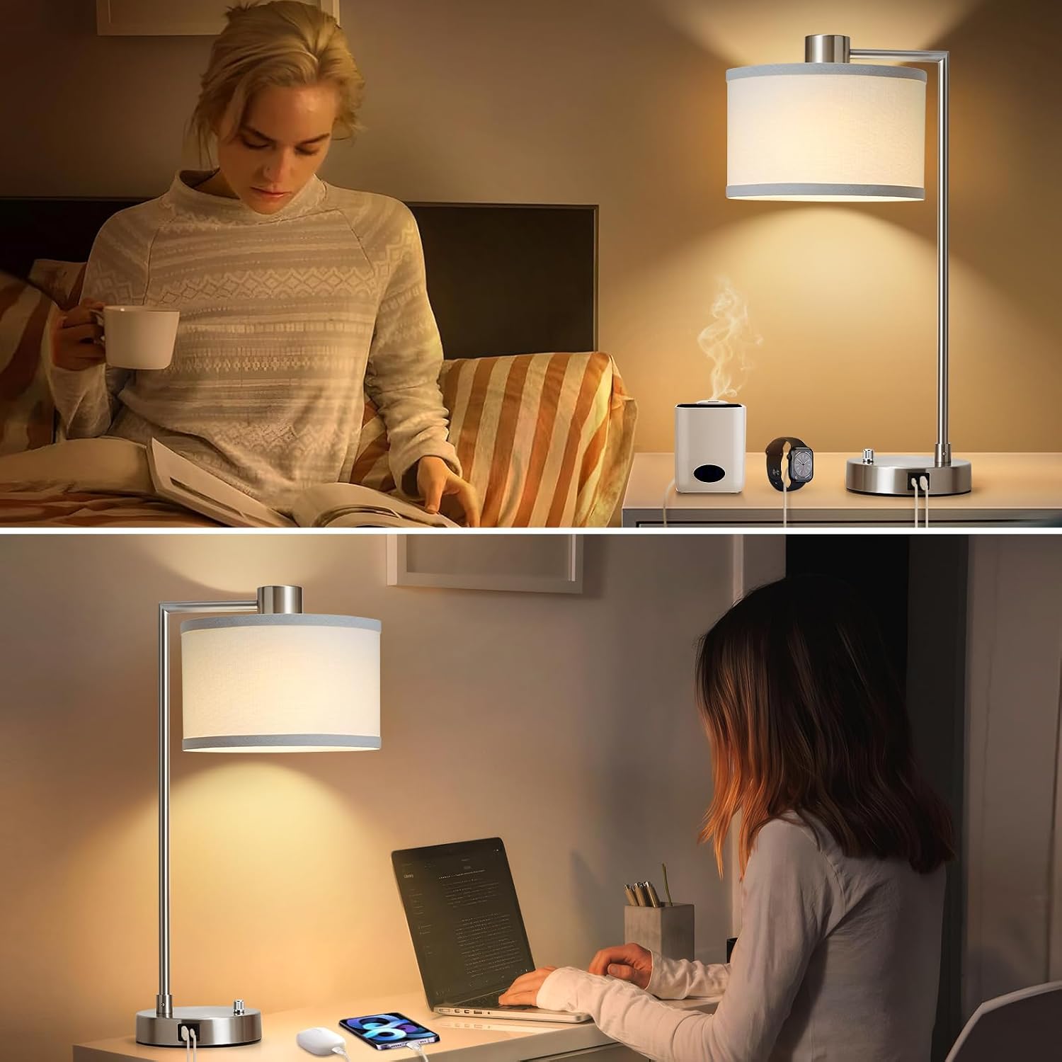 Luvkczc Table Lamps for Living Room with USB C+A Ports - Fully Stepless Dimmable Bedsides Lamp with Linen Lampshade, Lamps for Night…