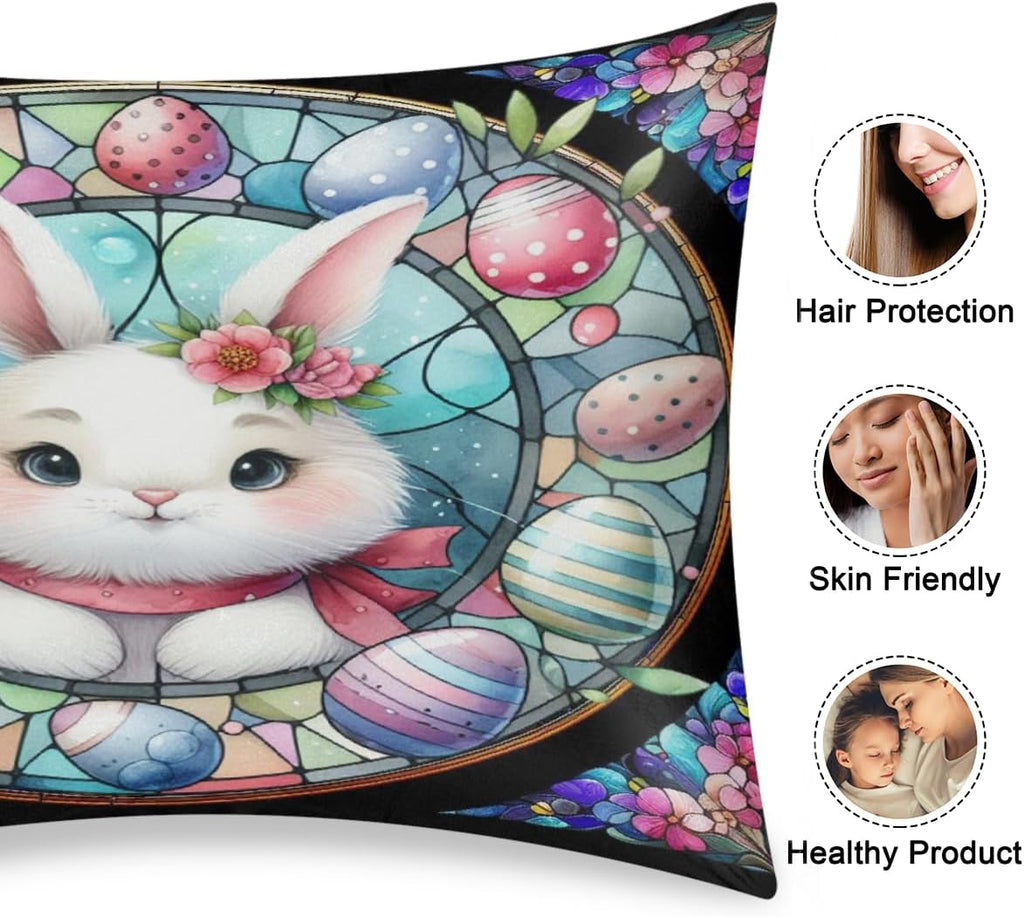 Easter Cute Bunny Satin Silk Pillowcase for Hair and Skin Pillow Cases Standard Size Soft Silk Pillow Case with Envelope Closure Print…