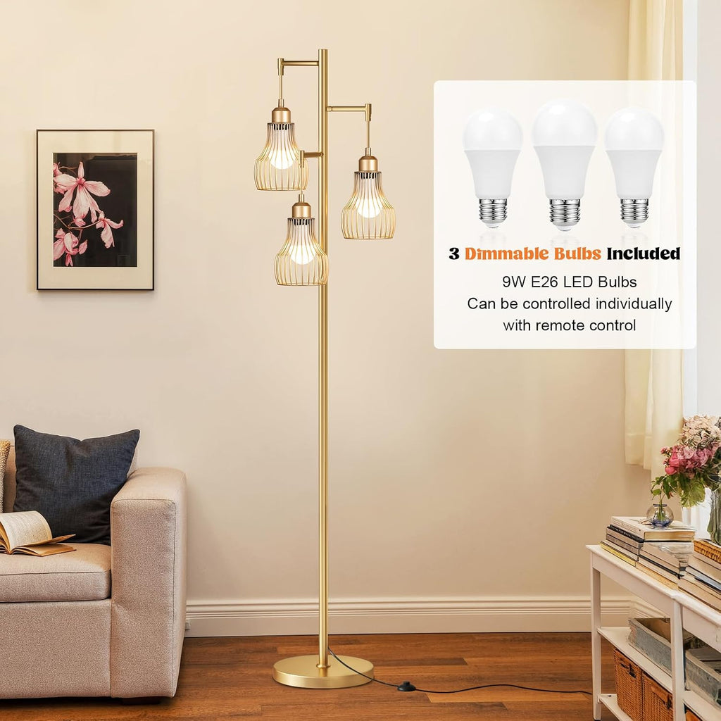 Ziisee Dimmable Gold Floor Lamps for Living Room, Farmhouse Tree Standing Tall Lamp with Remote Control 3 Elegant Cage Shade LED Bulbs…