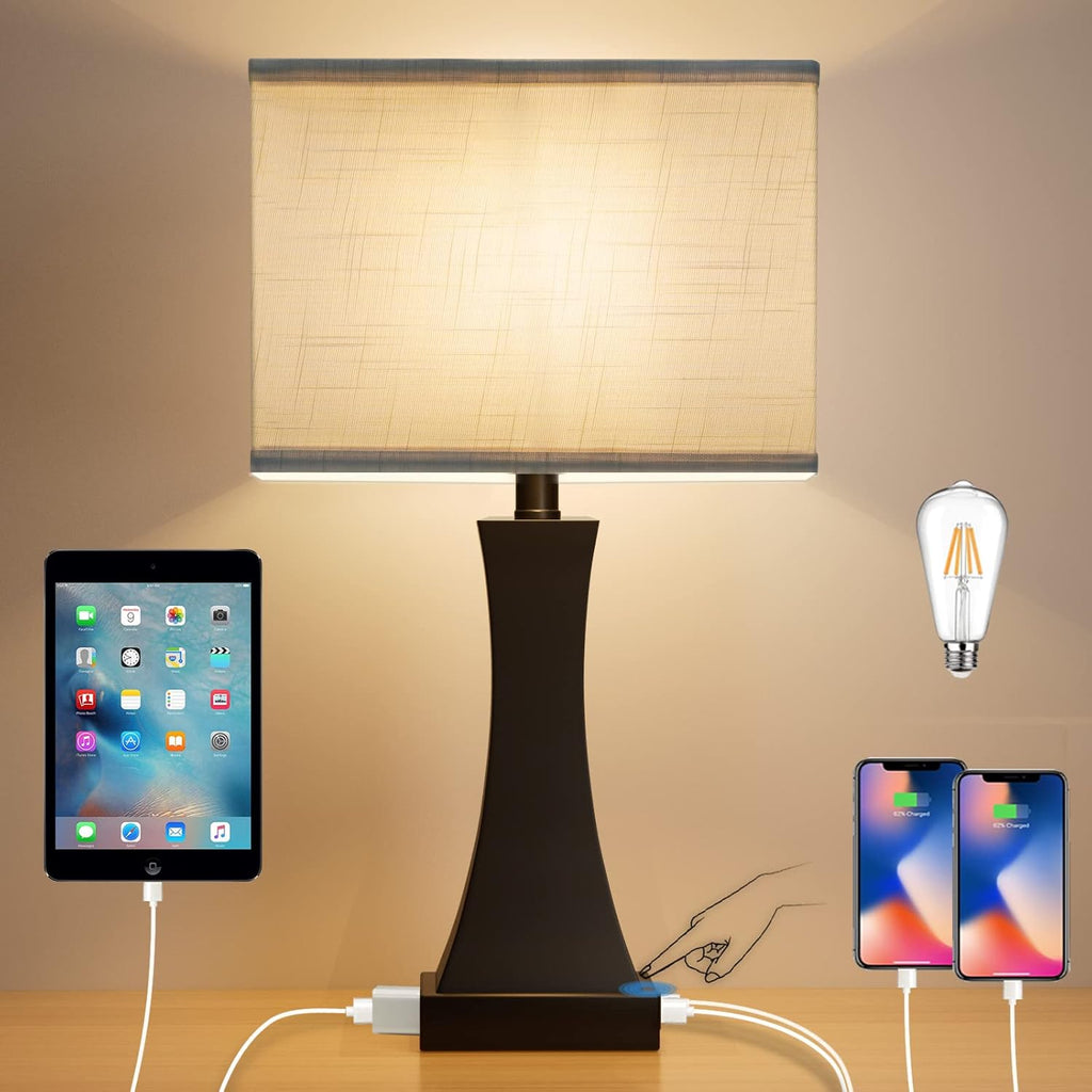 OYedis Table Lamp for Bedroom 3-Way Dimmable Touch Control Bedside Lamp with USB A+C Port & AC Outlet 21.6" Tall Nightstand Lamp for…