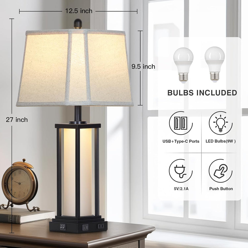 Cinkeda 27" Tall Vintage Table Lamp Set of 2 with USB C+A & Outlet, Black Industrial End Table Lamp for Living Room, Farmhouse Rustic…