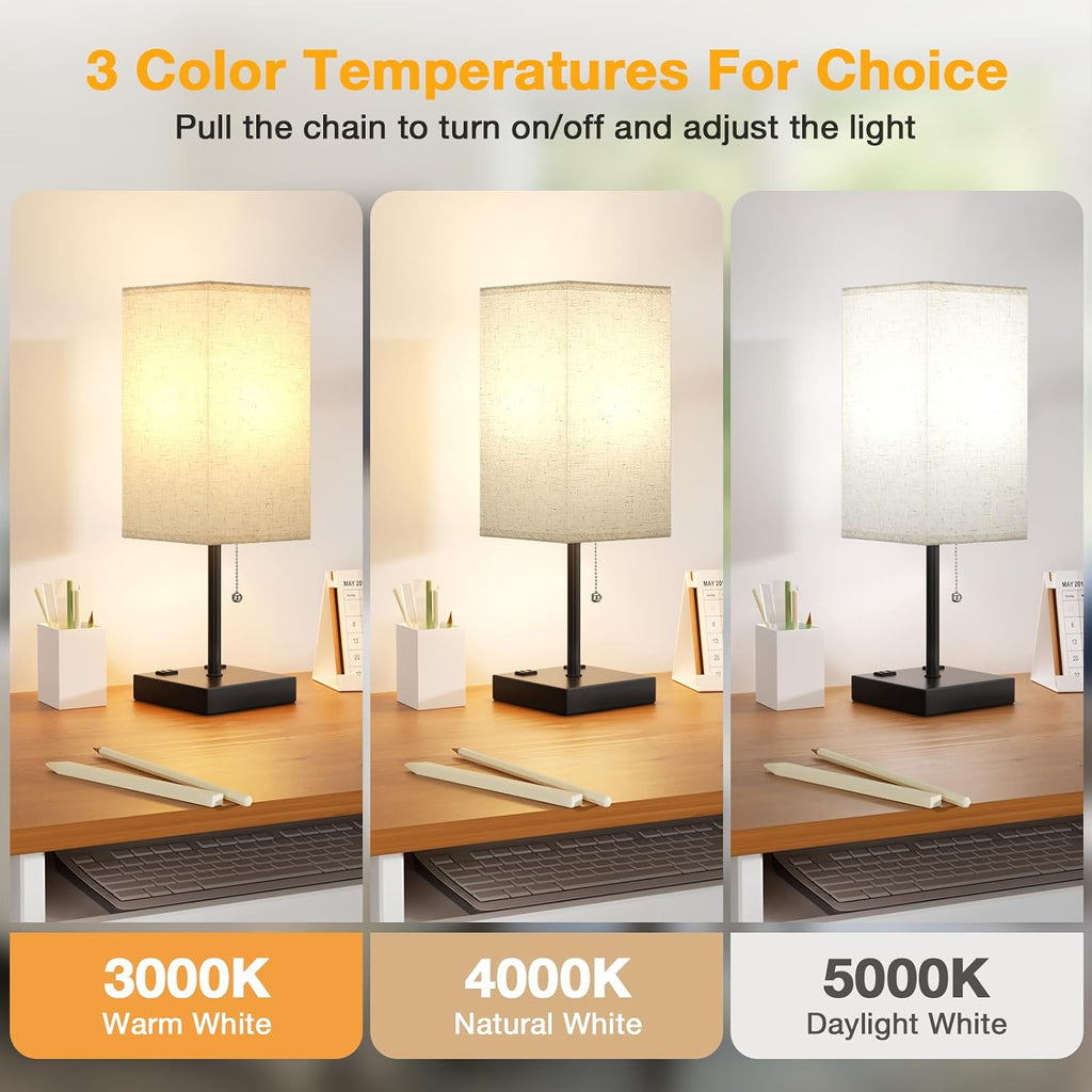 Aooshine Beige Table Lamp for Bedroom - 3 Color Temperature 3000K 5000K 4000K Bedside Lamp, Pull Chain Control, USB A and C Ports, AC Outle…