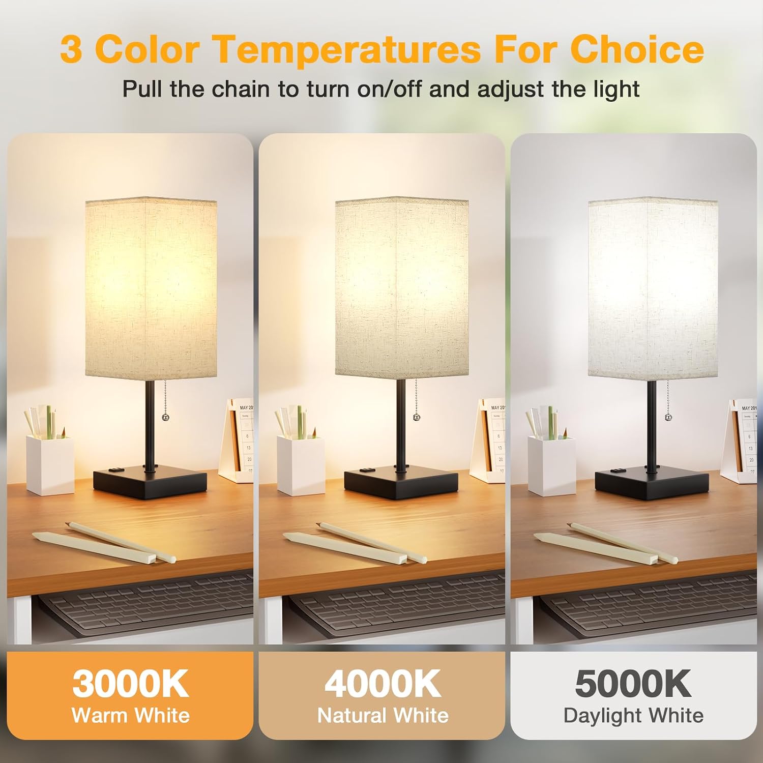 Aooshine Beige Table Lamp for Bedroom - 3 Color Temperature 3000K 5000K 4000K Bedside Lamp, Pull Chain Control, USB A and C Ports, AC Outle…