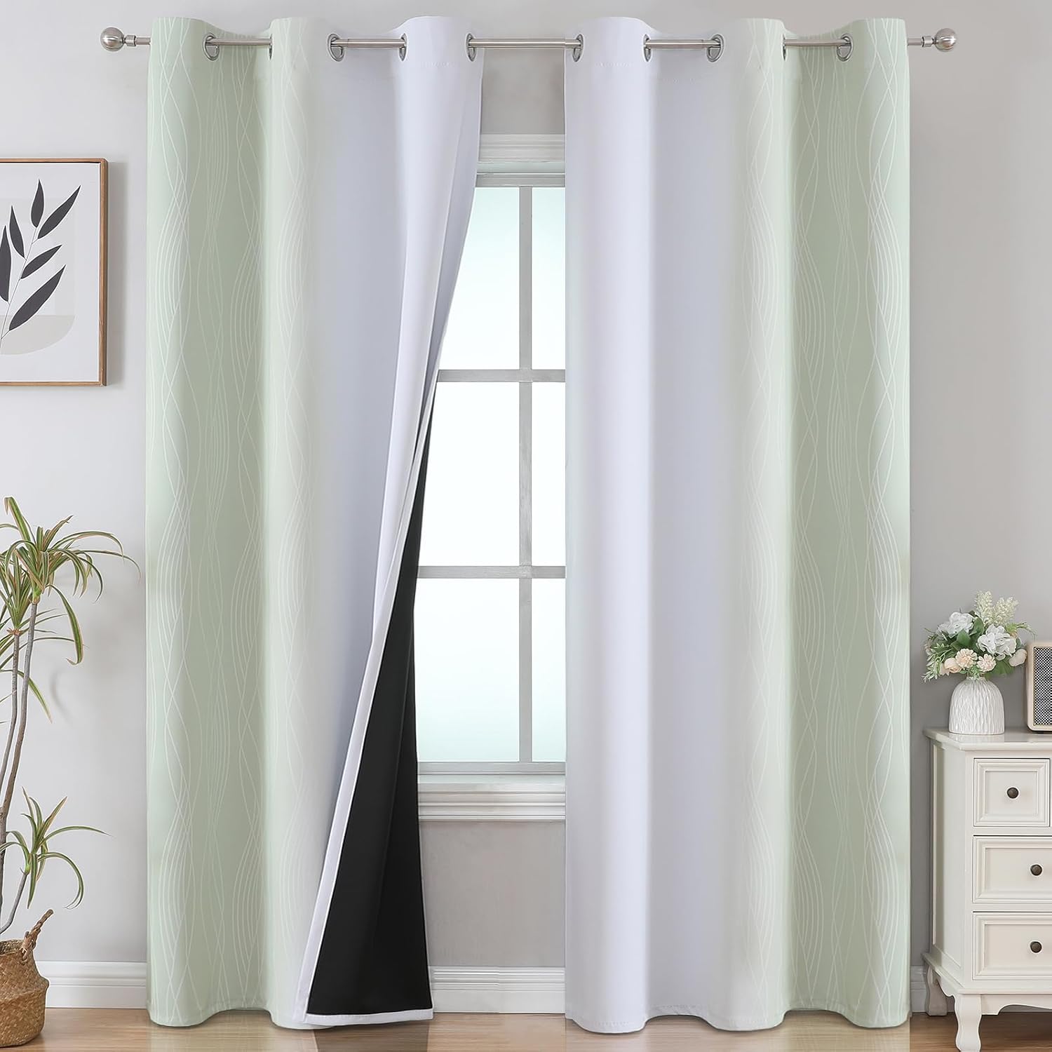 Estelartextiler Estelar Textiler Sage and Greyish White Room Darkening Blackout Curtains 84 Inch Length 2 Panels Set for Living Room, Therm…