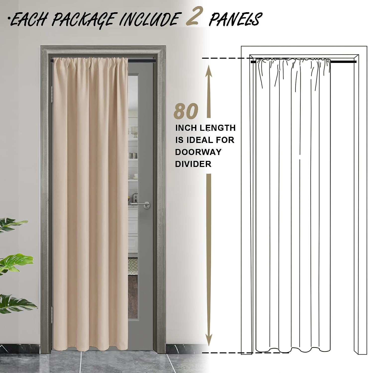 Jiuzhen Blackout Doorway Curtains 80 inch Length - 2 Panels Thermal Insulated Privacy Soundproof Rod Pocket Closet Door Curtains Room Divid…
