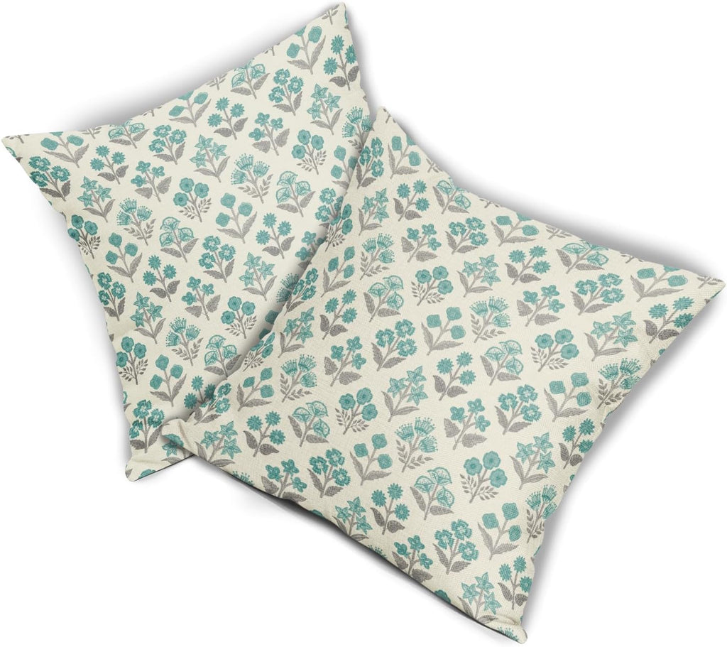 Teal Grey Gray Floral Block Print Pillow Covers 18x18 Inch Set of 2, Vintage Flower Pattern Decorative Throw Pillowcases Outdoor…
