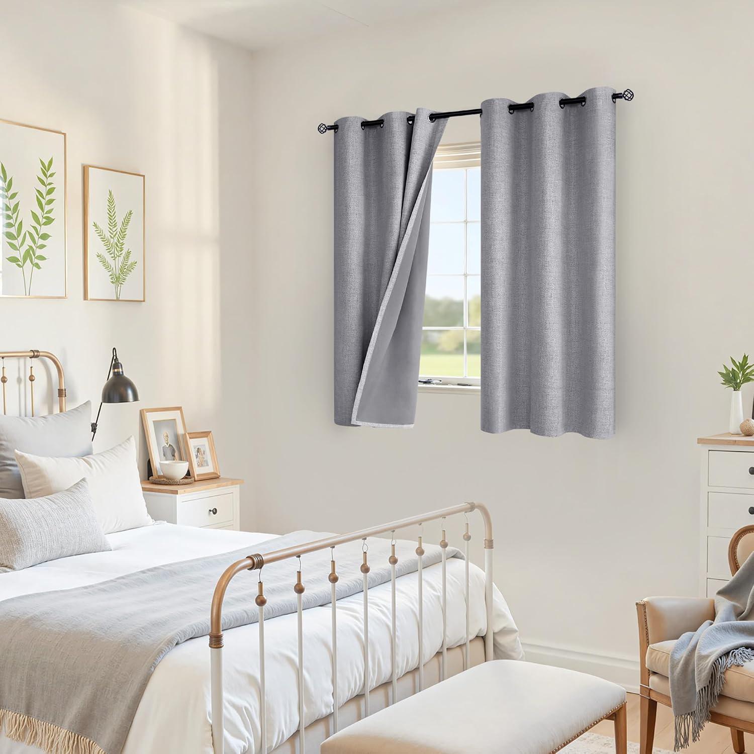 YoungsTex Grey Linen Blackout Curtains 48 Inch Length for Bedroom, Short Window Drapes Full Room Darkening with Grommet Thermal Insulated f…