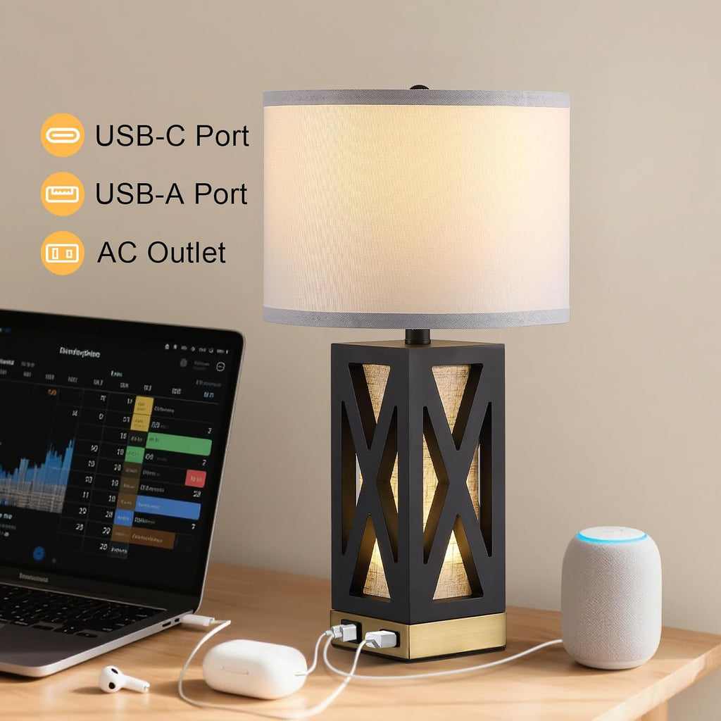 Set of 2 Wood Table Lamp with 3 Color Temperatures, Nightstand Table Lamp with AC Outlet, USB A & C Charging Port, Bedside Lamps for…
