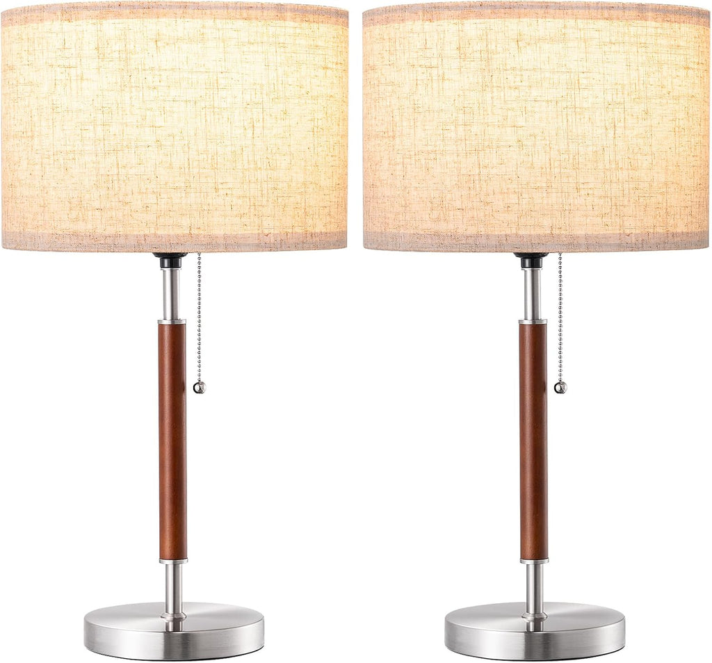 EDISHINE Mid Century Table Lamp Set of 2, Pull Chain Switch Bedside Lamp, Linen Shade, Solid Wood Pole & Brushed Nickel Metal Base…