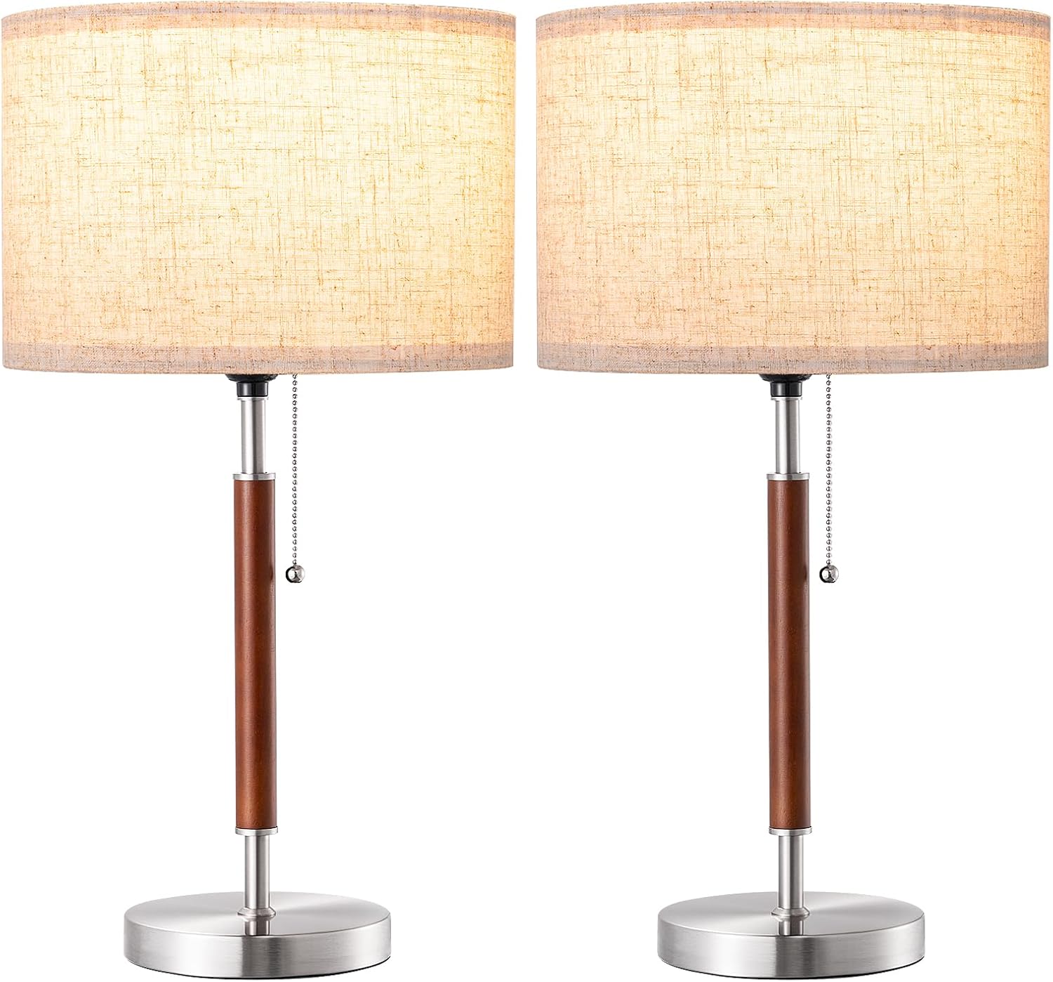 EDISHINE Mid Century Table Lamp Set of 2, Pull Chain Switch Bedside Lamp, Linen Shade, Solid Wood Pole & Brushed Nickel Metal Base…