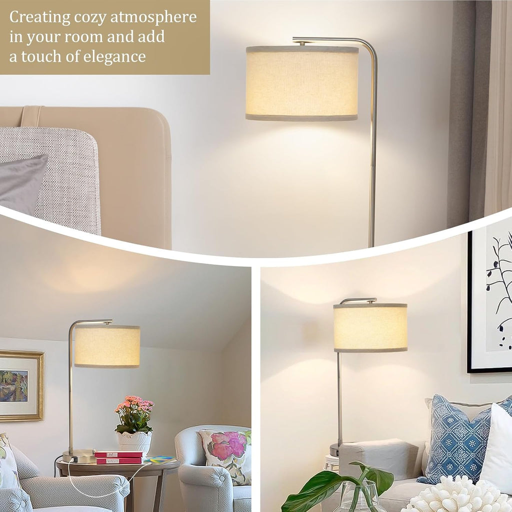 Table Lamp for Living Room, Modern Bedside Lamp with USB C+A Ports, Fully Dimmable Nightstand Lamp with Beige Drum Shade, Silver Finish…