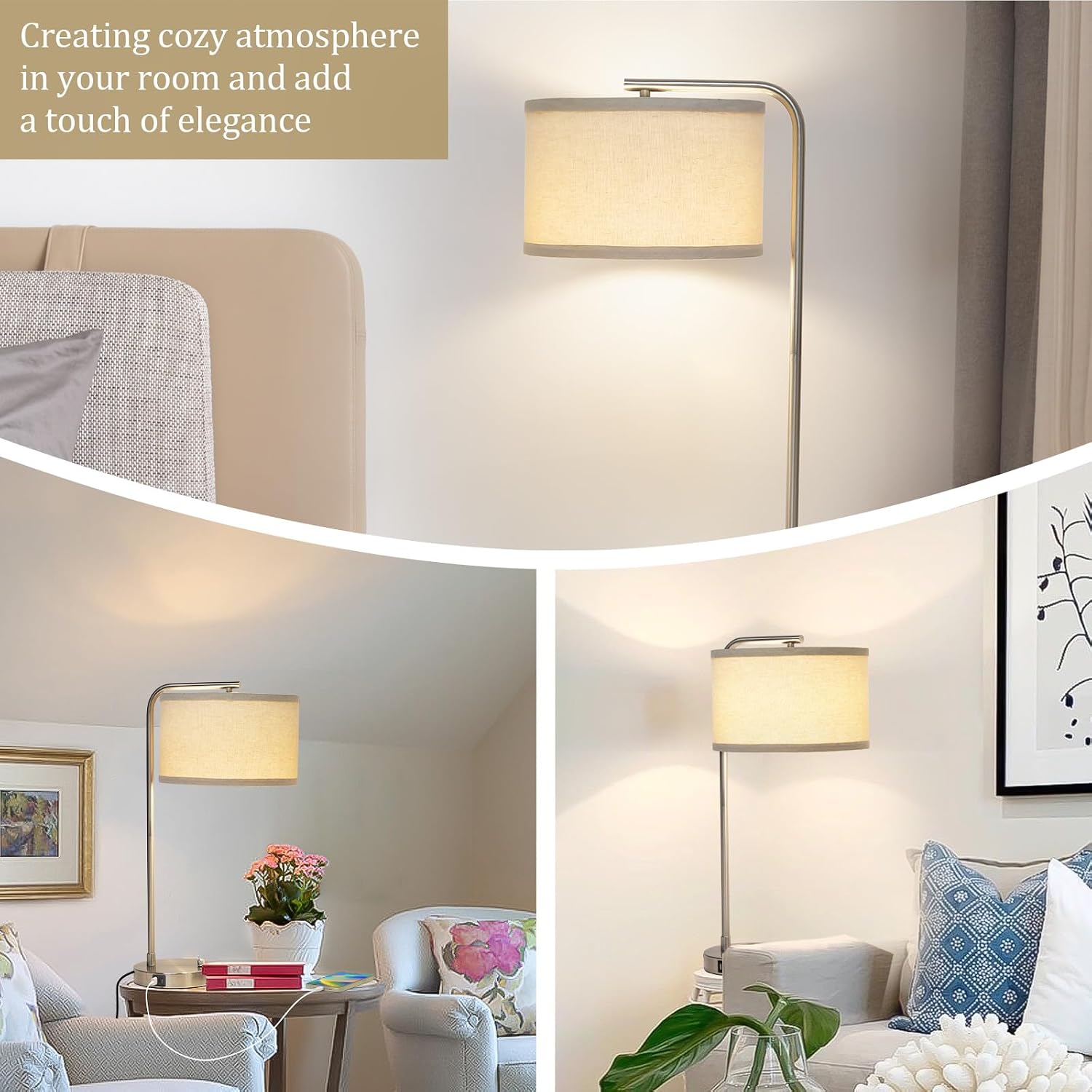 Table Lamp for Living Room, Modern Bedside Lamp with USB C+A Ports, Fully Dimmable Nightstand Lamp with Beige Drum Shade, Silver Finish…