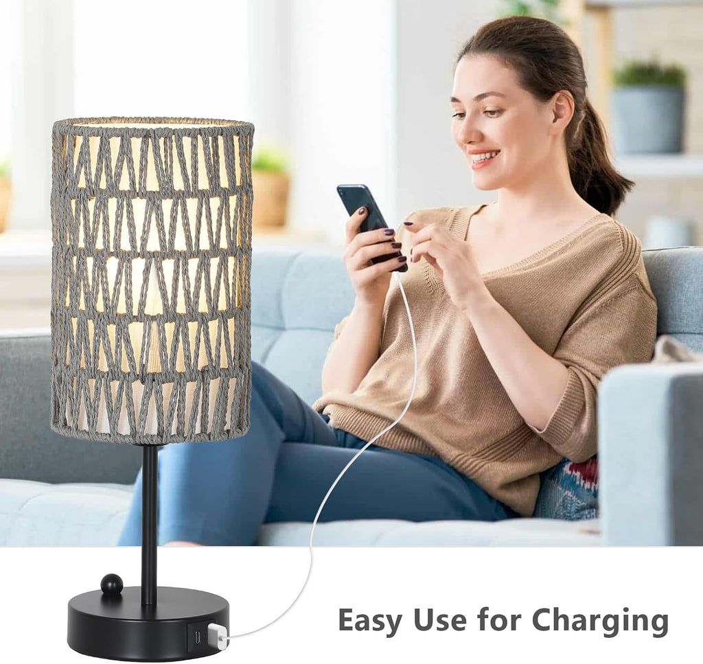 Gray Bedside Lamps Set of 2, Touch Control Night Stand Lamp for Bedroom with Rattan & Linen Shade & Bulbs, 3 Way Dimmable Small Boho…