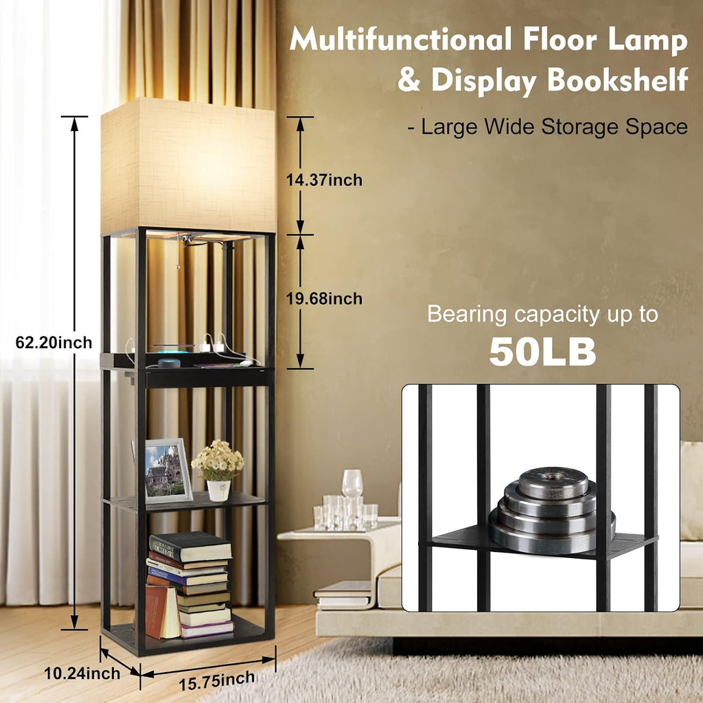 RUNTOP Plus Charging Station Floor Lamp with Wireless Charger, 2 USB-C Port, 2 Power Outlet, Floor Lamp with Shelves, 15W LED Bulb, 3…
