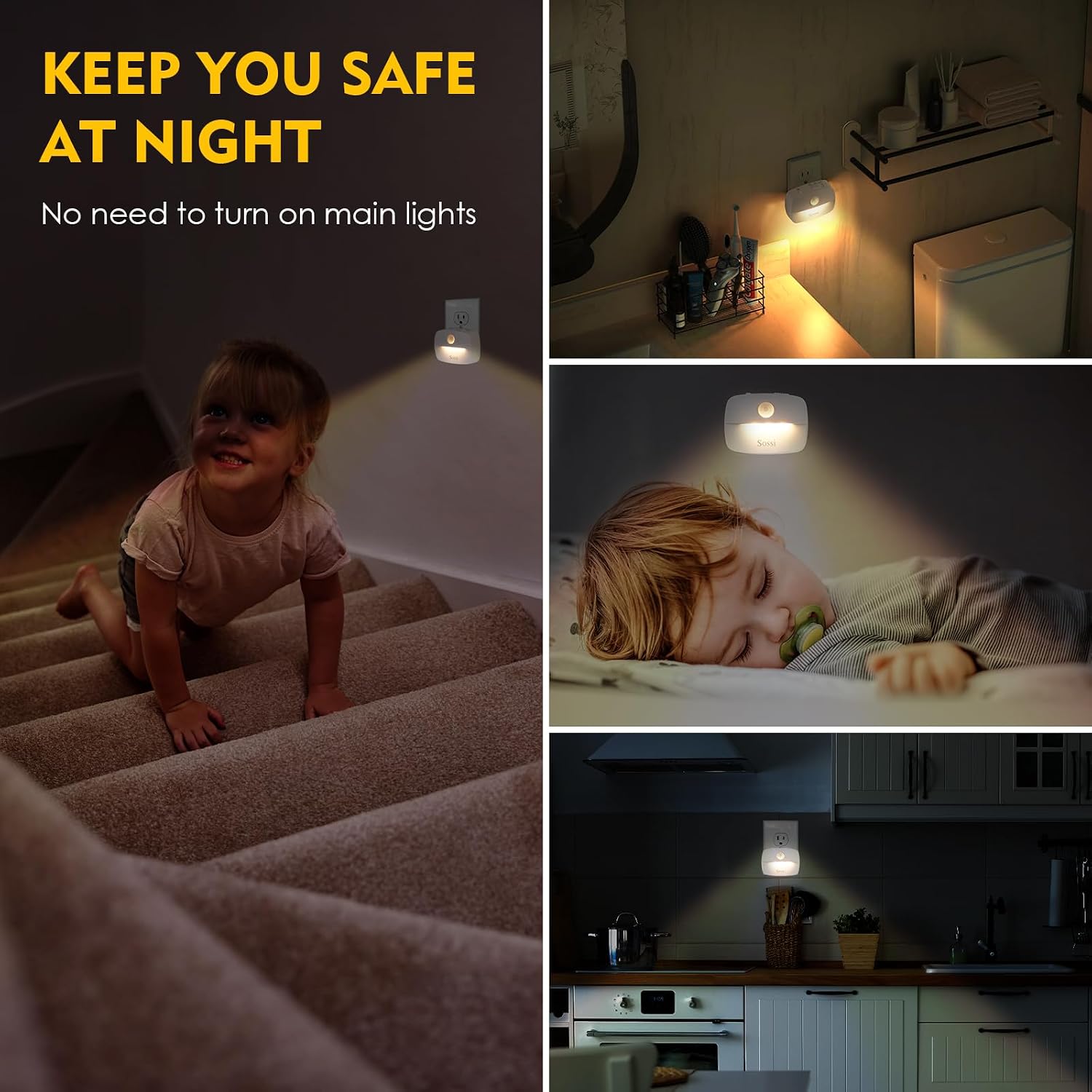 Sossi Motion Sensor Night Light Plug in 4 Pack,10-60Lm Stepless Dimming,3 Light Modes with Memory, Smart Night Lights Plug Into Wall…