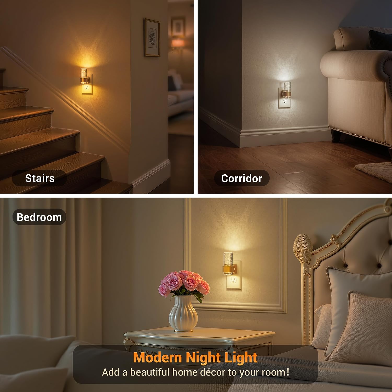 JandCase Night Lights Plug into Wall, Gold Night Light with 3 Colors, 2 Pack Dimmable Plug in Nightlight, Dusk to Dawn Sensor, Adjustable…