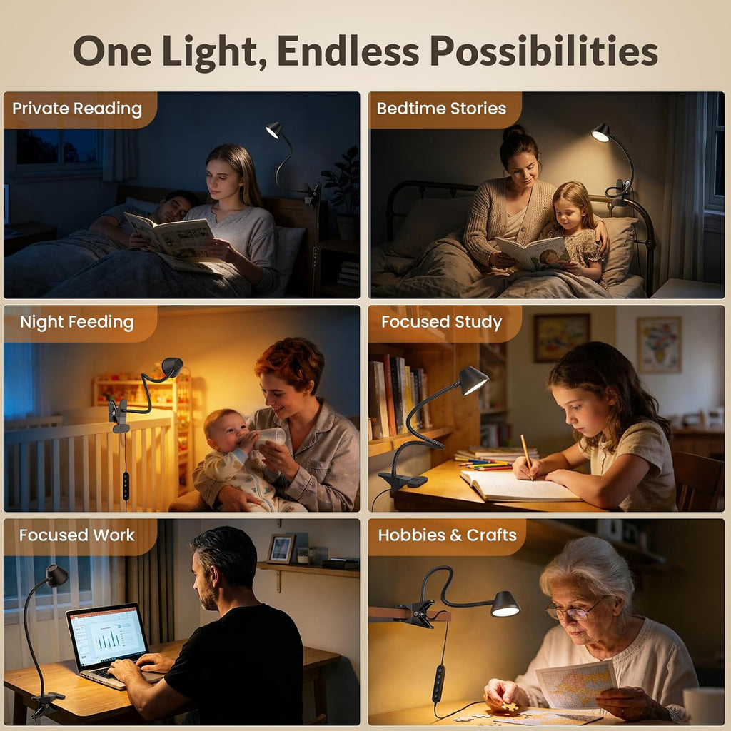 Lepower Clip on Light, 7W Reading Lights for Books in Bed with 5 Colors & Stepless Dimming, RG0 Eye-comfort, Amber Glow Light & Auto…