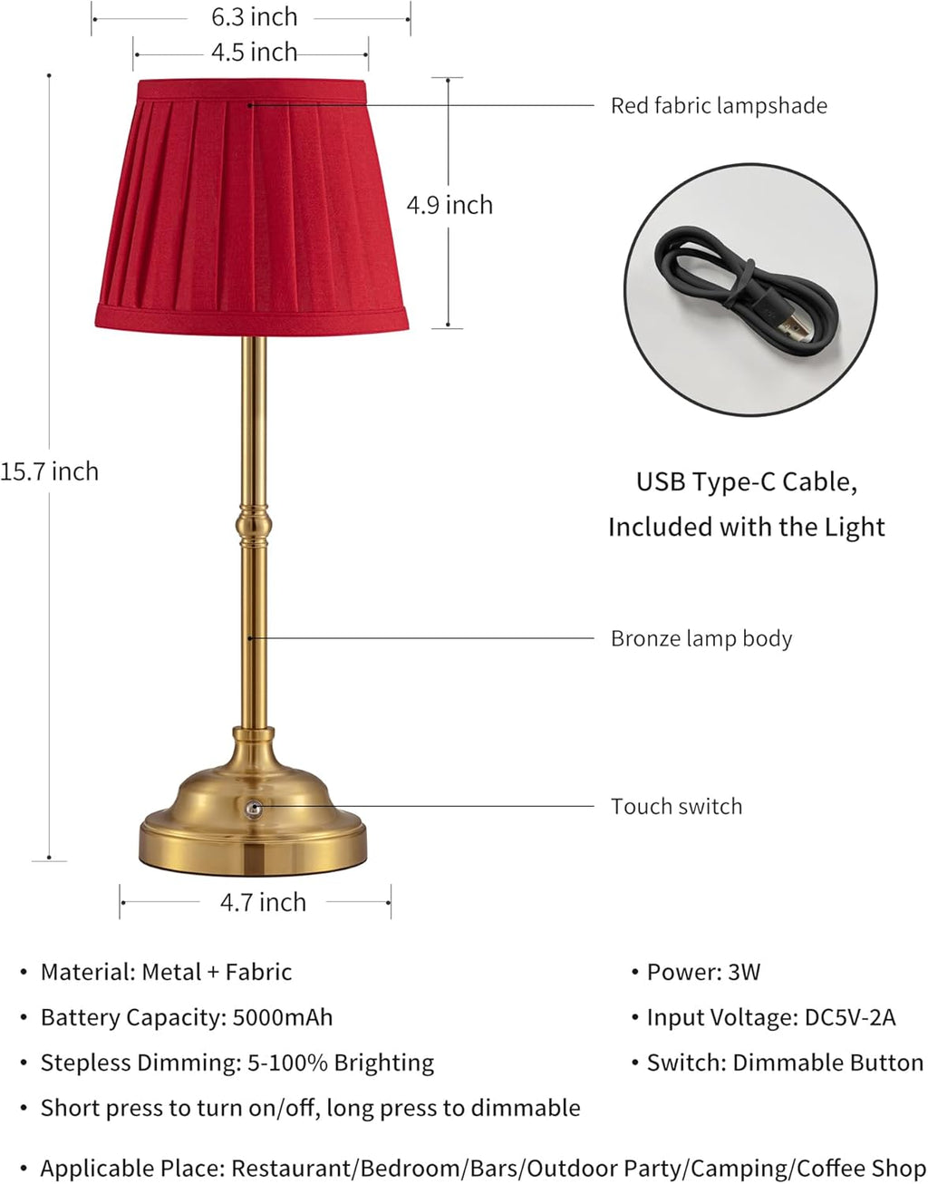 KDG Cordless LED Table Lamp Set of 2, Portables Fabric Shade Desk Lamps, 4000mAh Rechargeable Battery Powered Lighting, Dimmable Light…