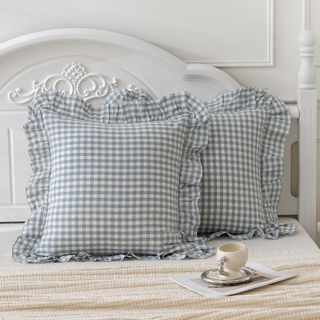 Qilunn Blue White Plaid Euro Pillow Shams Ruffle Pillowcases Set of 2, Shabby Checkered Washed Cotton Pillow Covers-26 x26, Blue/White Plaid…