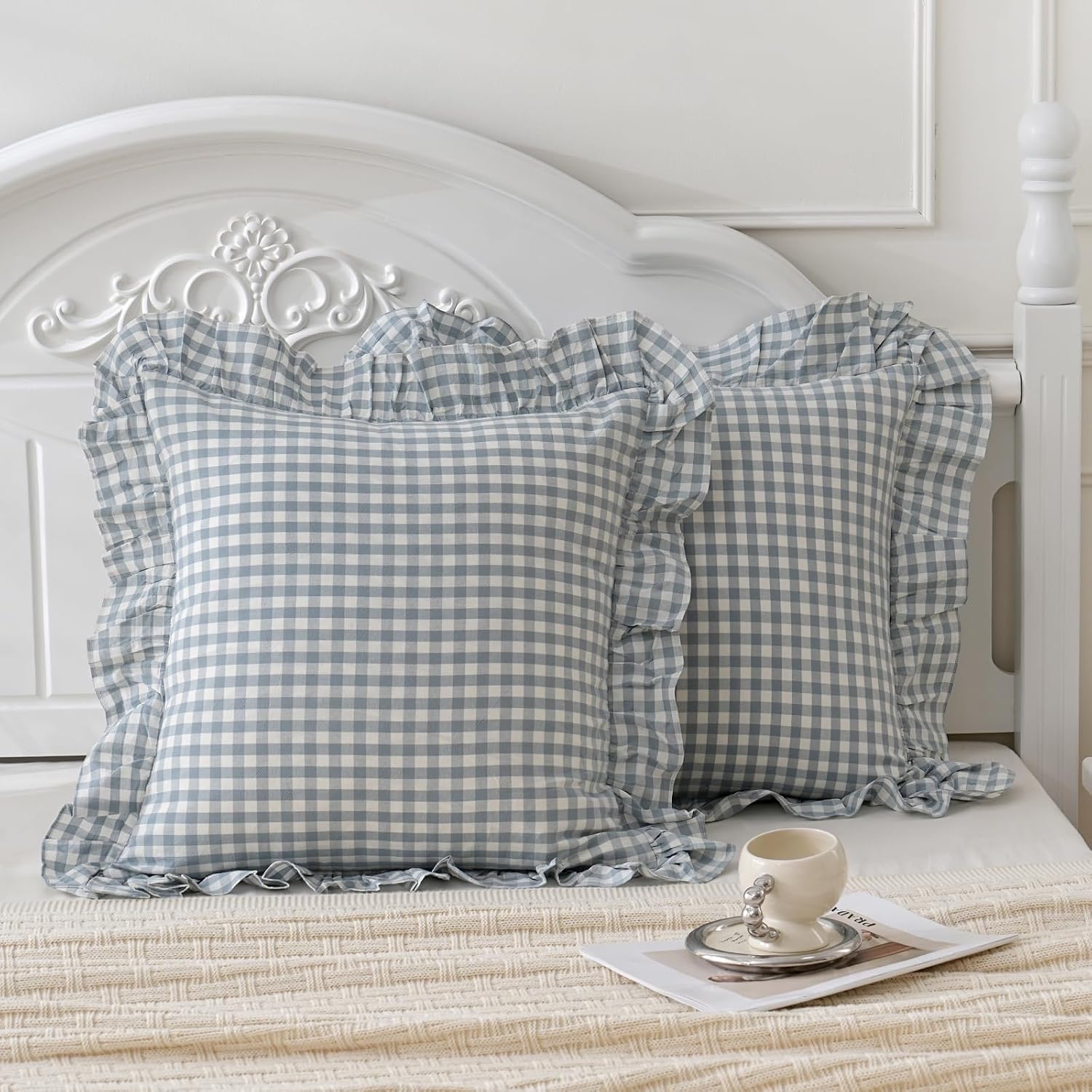Qilunn Blue White Plaid Euro Pillow Shams Ruffle Pillowcases Set of 2, Shabby Checkered Washed Cotton Pillow Covers-26 x26, Blue/White Plaid…