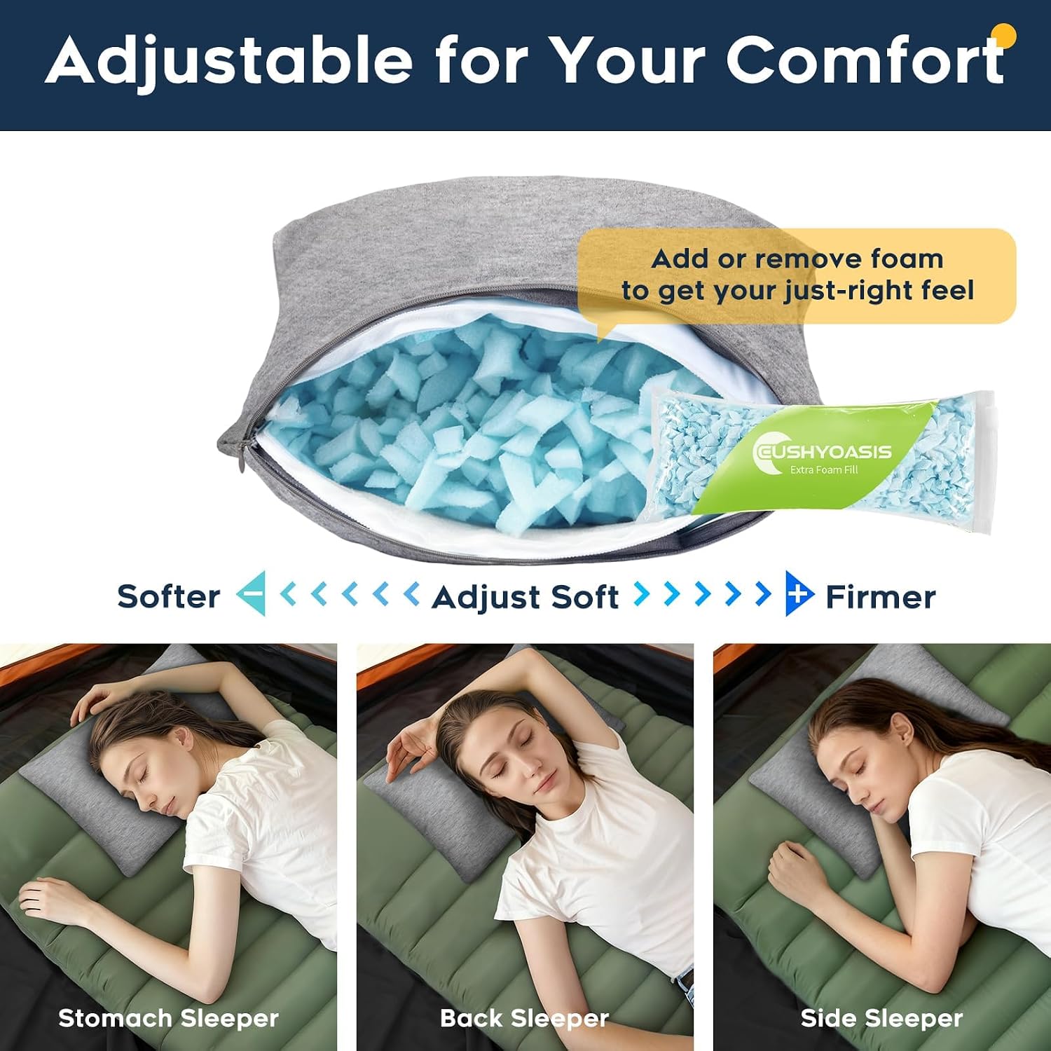 CushyOasis All-in-1 Camping Pillow Set - Shredded Memory Foam Neck Pillow Travel Pillow with Eye Mask, Earplugs, Washable Cover, Compact…