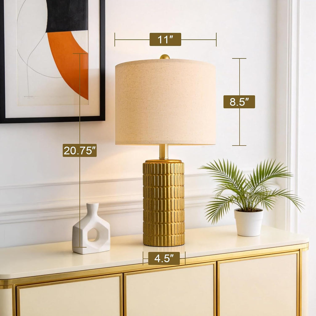 PoKat 20.75" Brass Gold Ceramic Table Lamps Set of 2 for Living Room, Small Retro Bedside Lamps for Bedroom, Nightstand Lamps for Home…