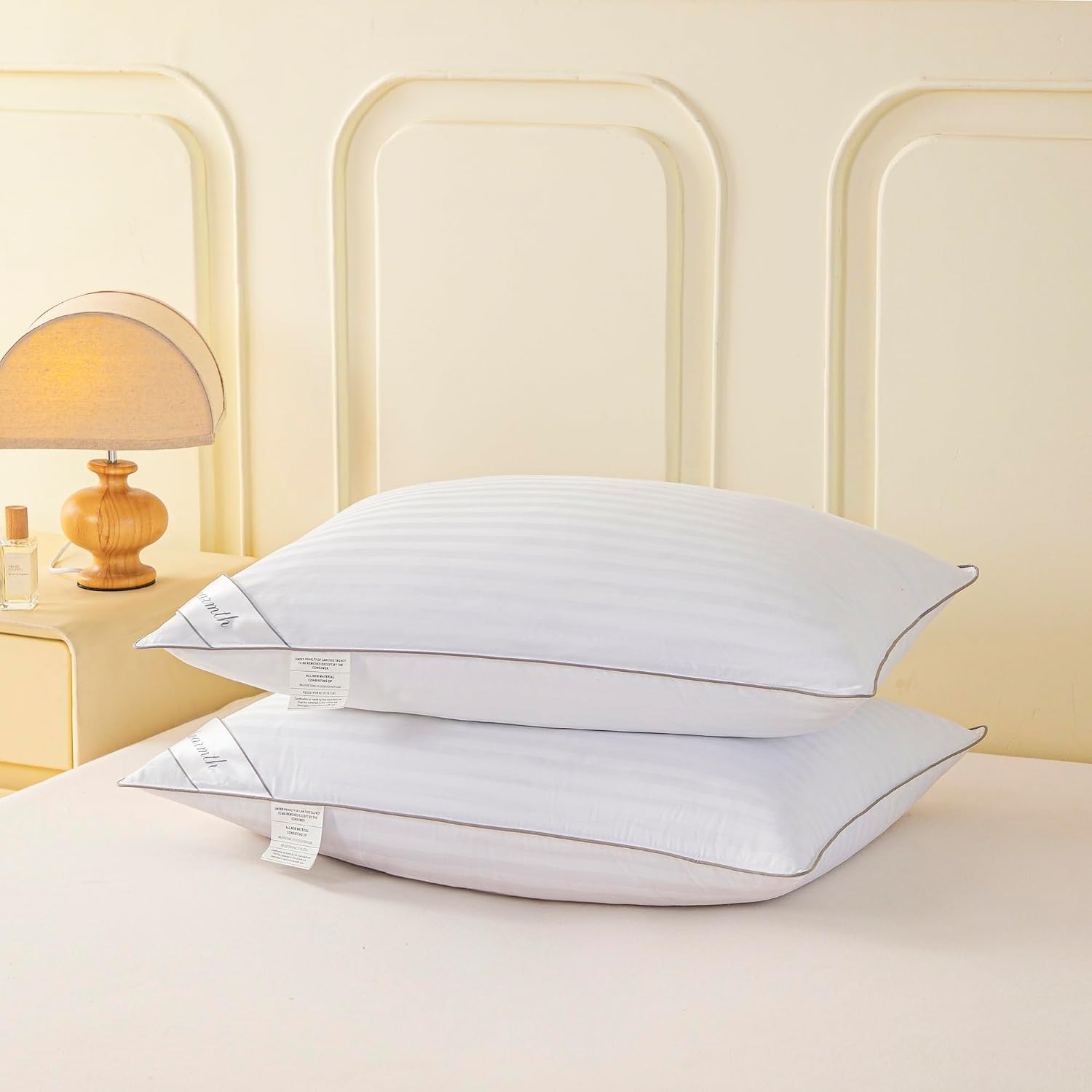 Goose Feather Down Bed Pillow for Sleeping, Hotel Collection Queen Size Soft Bed Pillow,100% Cotton Cover Queen Size Stripe White 1 Pack