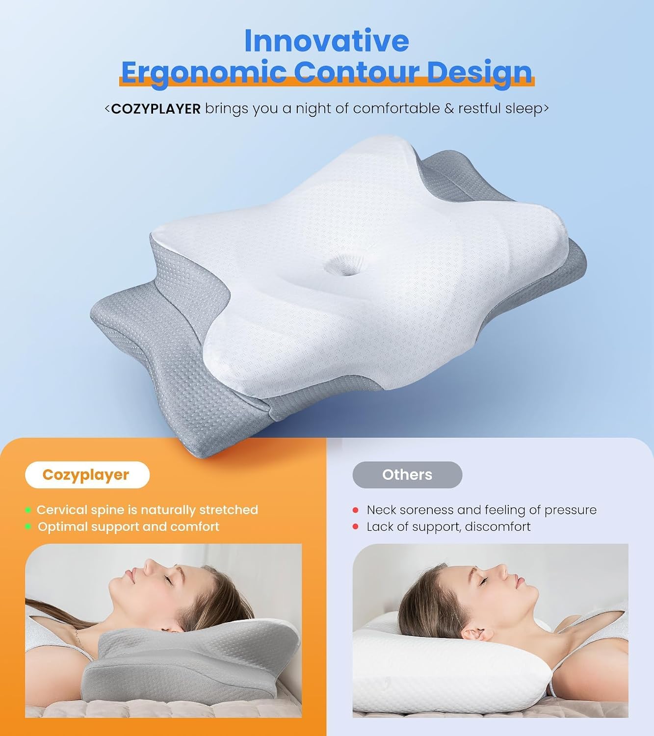 Cozyplayer Ultra Cooling Pillow for Neck Support, Adjustable Cervical Pillow Cozy Sleeping, Odorless Ergonomic Contour Memory Foam Pillows,…