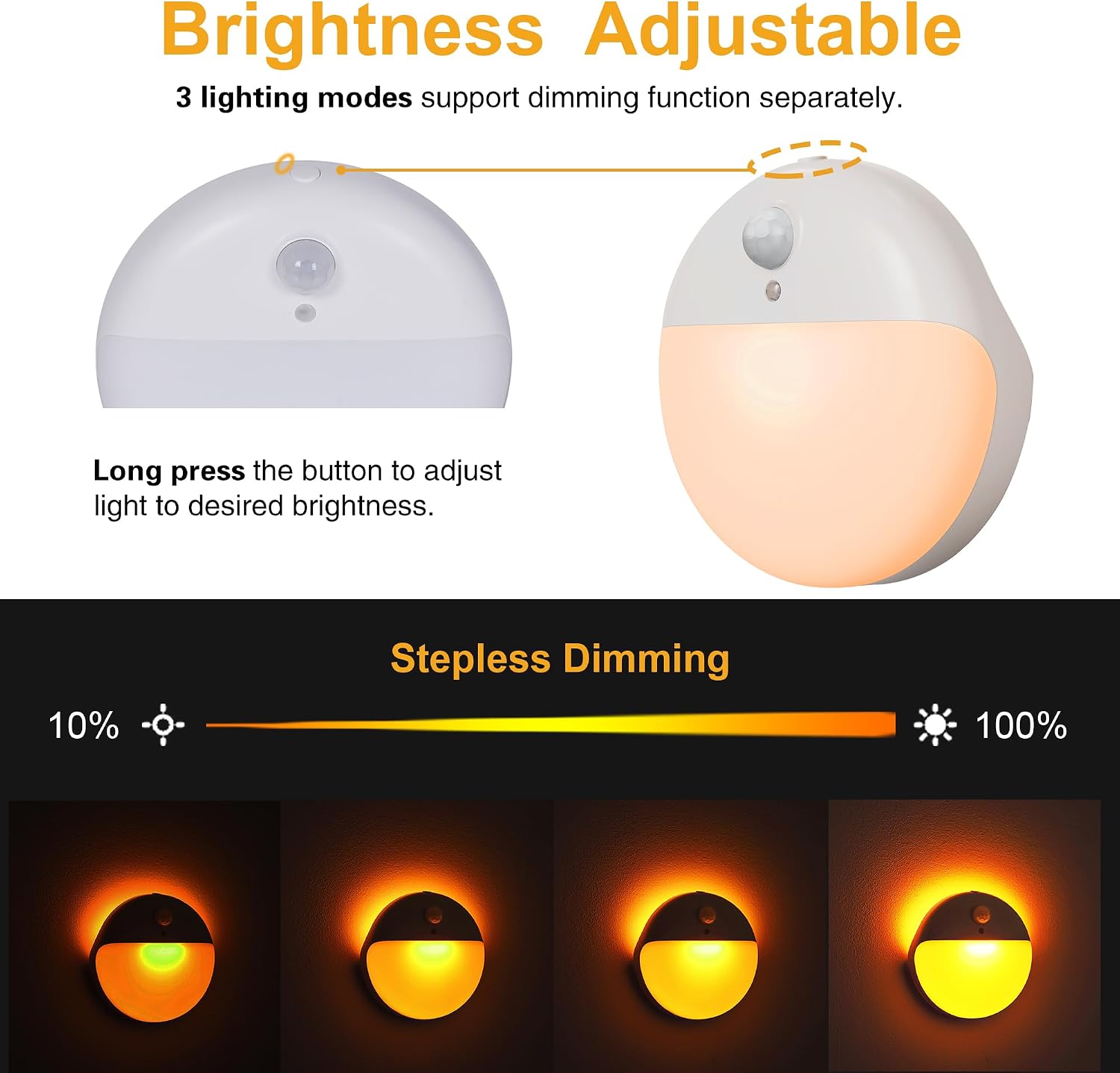 YUNLEX 2 Pack Amber Night Light, Battery Operated Night Light, 2.6" Small Sticky Lights, Dimming, 3 Light Modes, Motion Sensor Lights for…