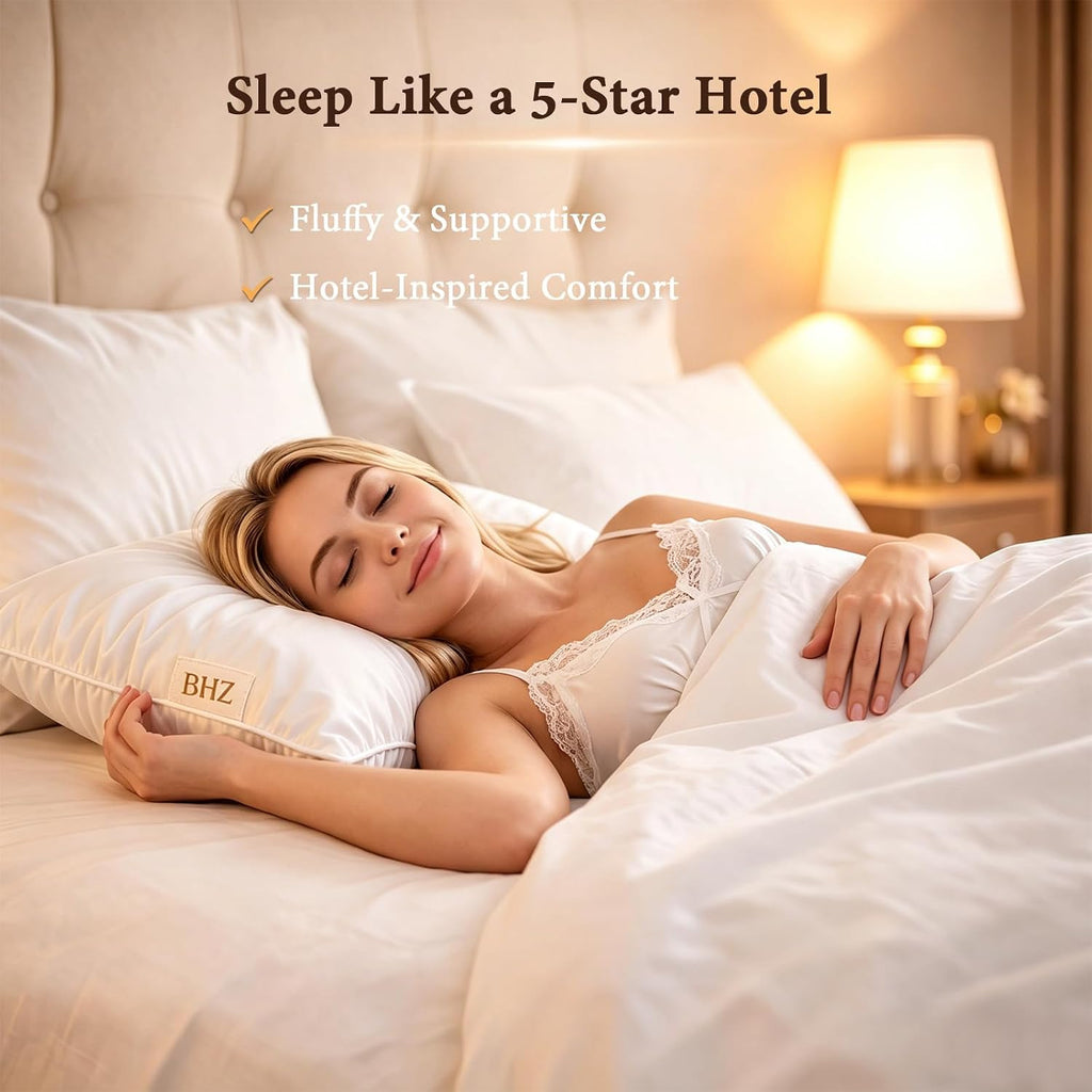 BHZ Goose Down Feather Pillows Queen Size - Hotel Collection Bed Pillows for Sleeping Medium Firm Soft Support Pillow for Side and Back…