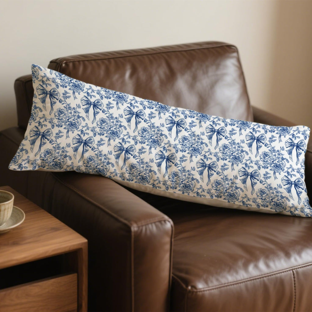 Coquette Blue Bow Chinoiserie Floral Bow 20x54 Body Pillow Cover, Blue and White Home Decor, Grandmillennial Flower Decorative Long Body…