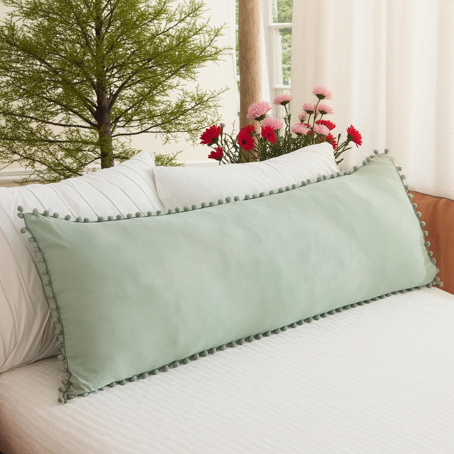 Moveover MOVE OVER Sage Green Body Pillow Cover 20x54 Inches Cute Pom Poms Decorated Pillow Cover Soft Washed Microfiber Boho Long Pillowca…