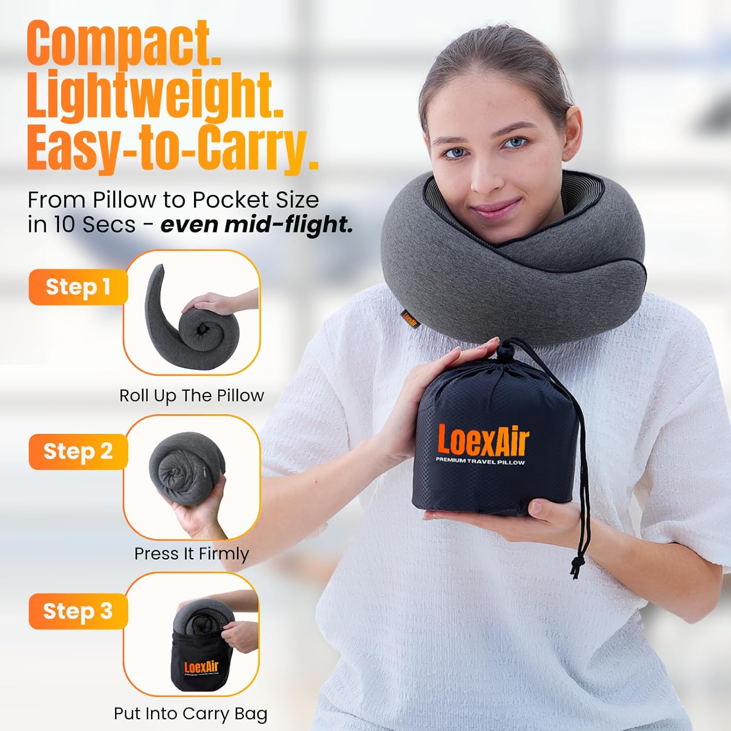 LOEXAIRTM Travel Pillow, Neck Pillow Travel for Airplane, Car - 100% Cotton Fabric & Memory Foam Plane Pillow, Lightweight & Easy-to-Carry…