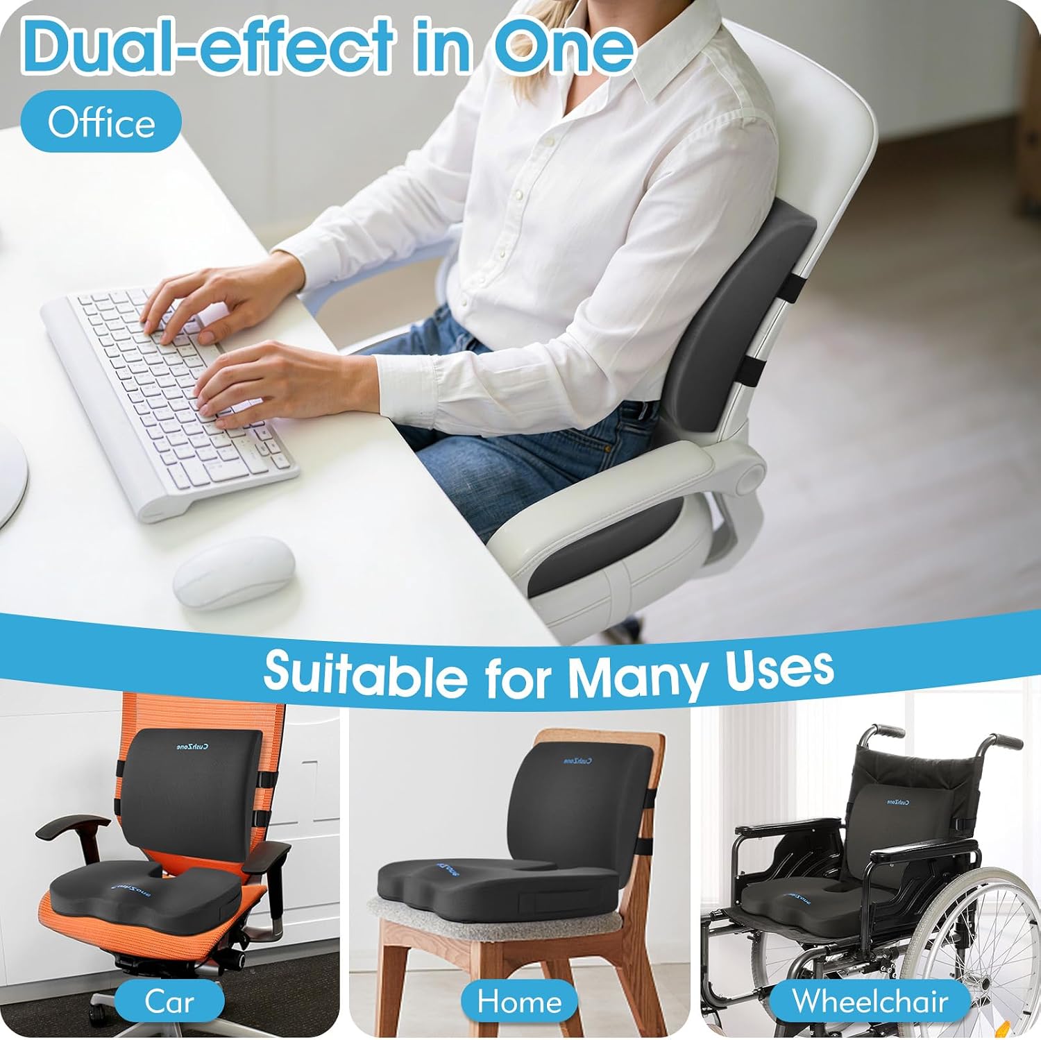 CushZone Seat Cushion, Lumbar Support Pillow with Adjustable Strap-Chair Cushions for Sciatica -with Washable Cover Memory Foam for Car, Tr…