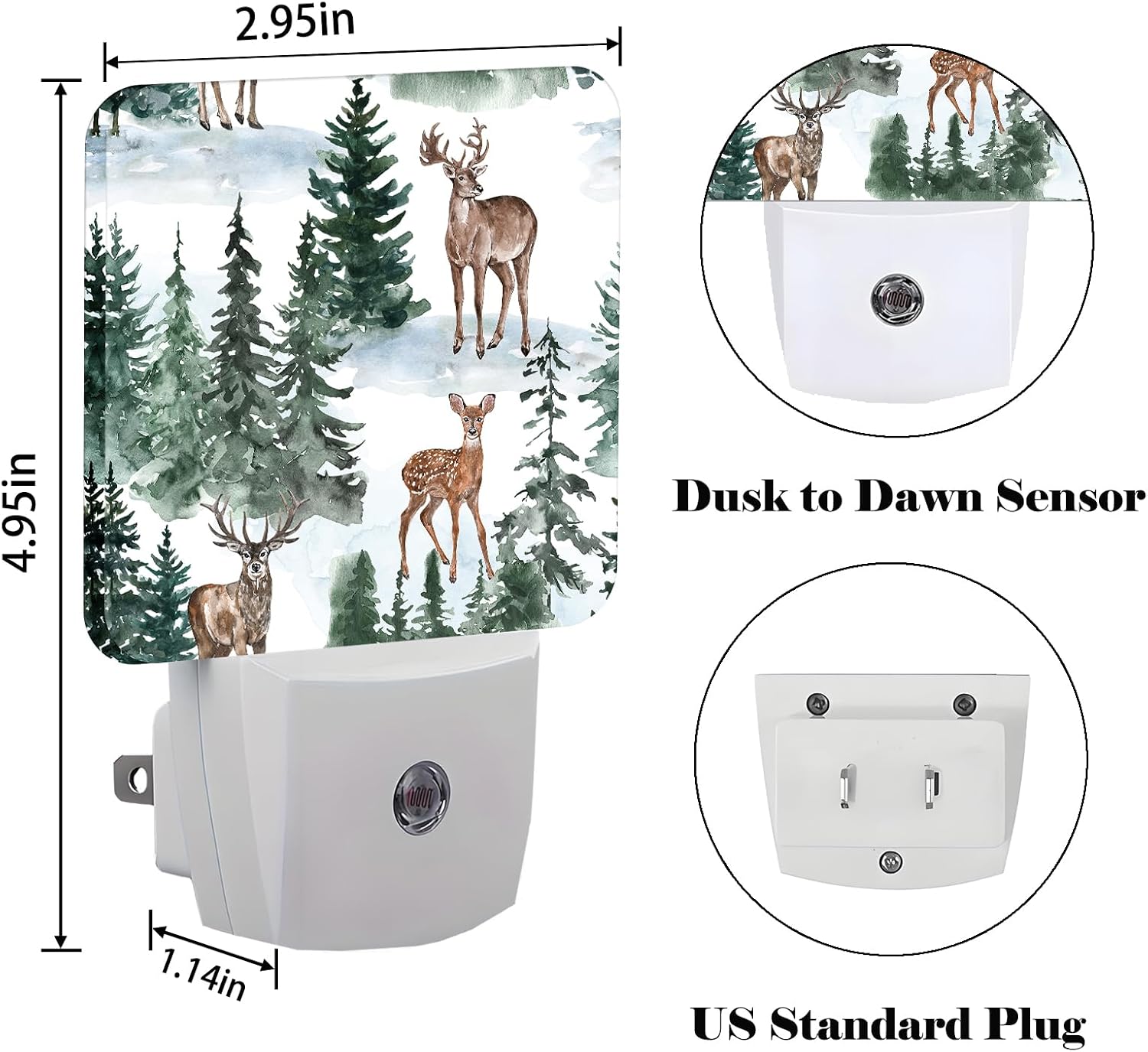 Watercolor Deer and Forest Night Light, Plug Into Wall for Boys Girls Bedroom Decorative Square Night Light Lamp 0.5w Sleep Friendly