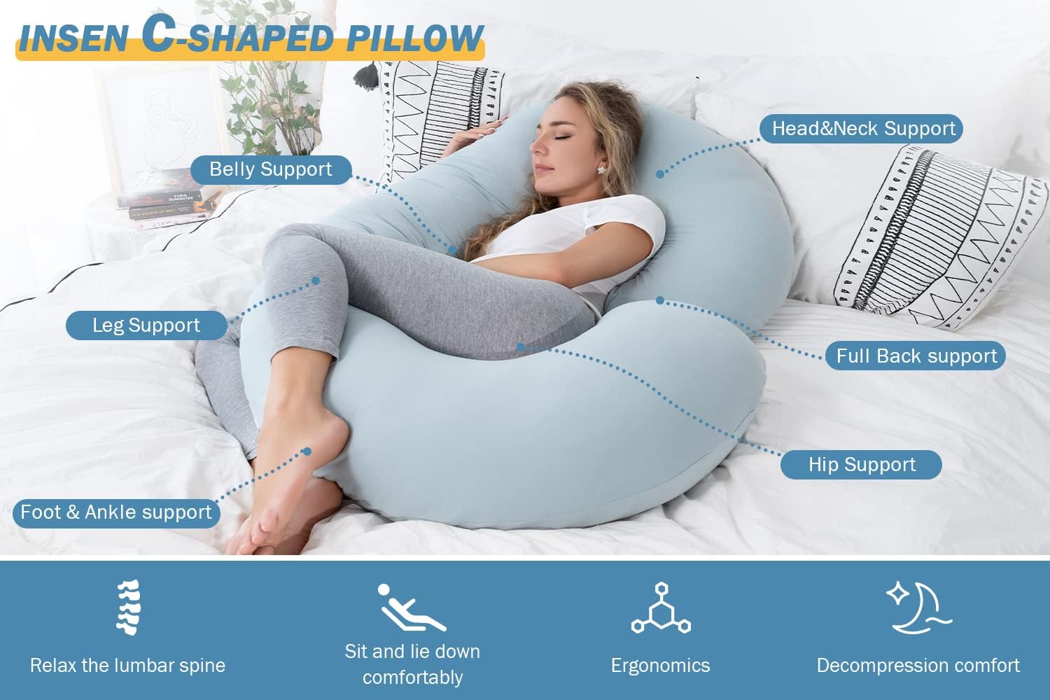 INSEN Pregnancy Pillows for Sleeping, Maternity Pillow with Cooling Cotton Cover, C Shaped for Pregnant Side Sleeping, Green