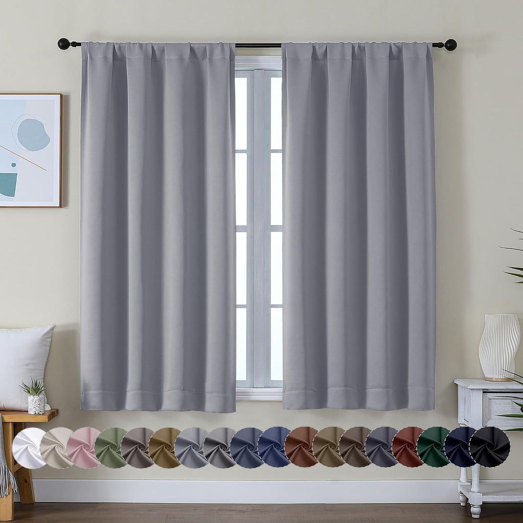 Simplebrand Ava Silver Grey Short Blackout Curtains for Bedroom 54 Inches Long 2 Panels, Solid Thermal Insulated, Energy Saving Window Trea…