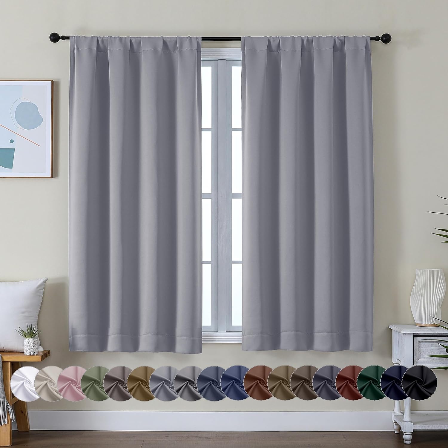 Simplebrand Ava Silver Grey Short Blackout Curtains for Bedroom 54 Inches Long 2 Panels, Solid Thermal Insulated, Energy Saving Window Trea…