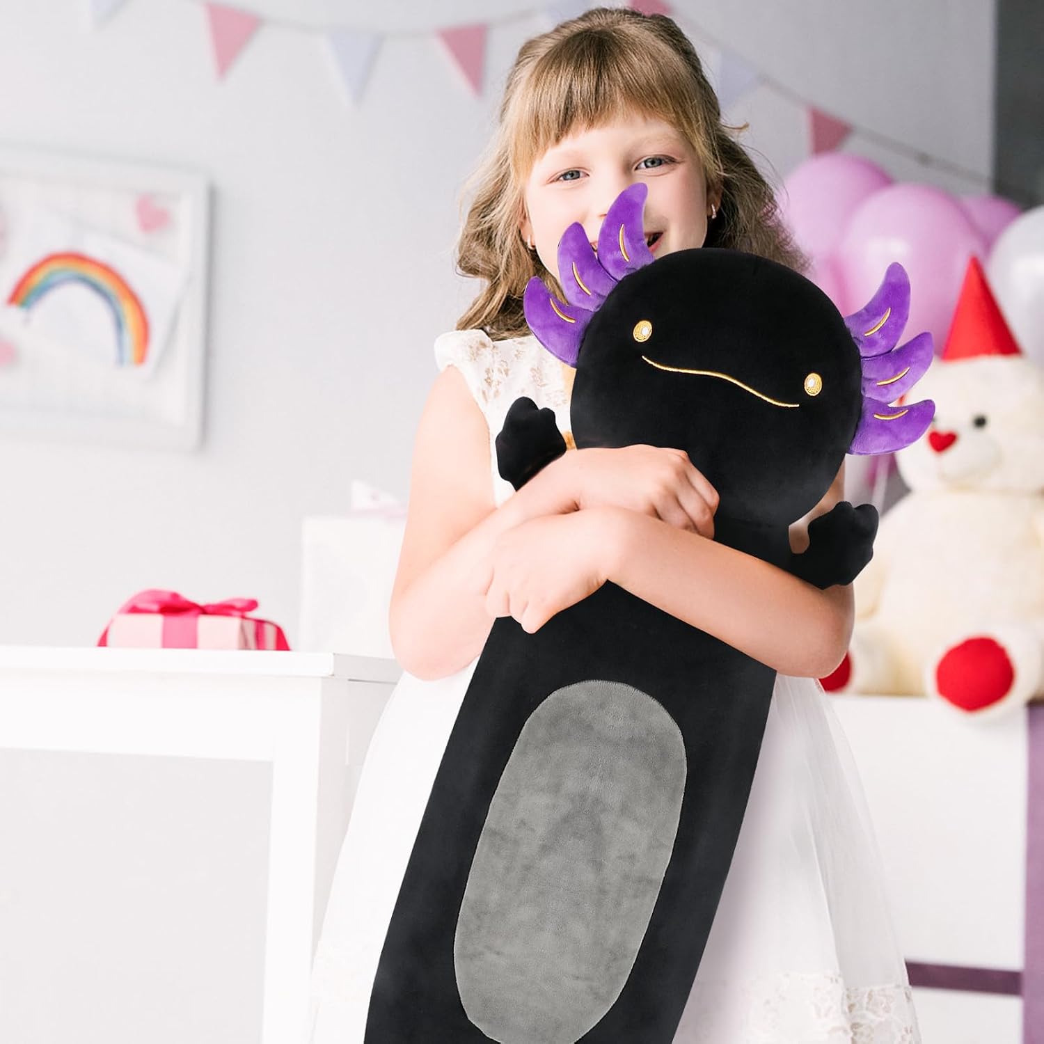 22 Inch Black Axolotl Stuffed Animal, Soft Fluffy Long Axolotl Plush Body Pillow, Cute Salamander Hugging Pillow, Plushies Toy Gift for…