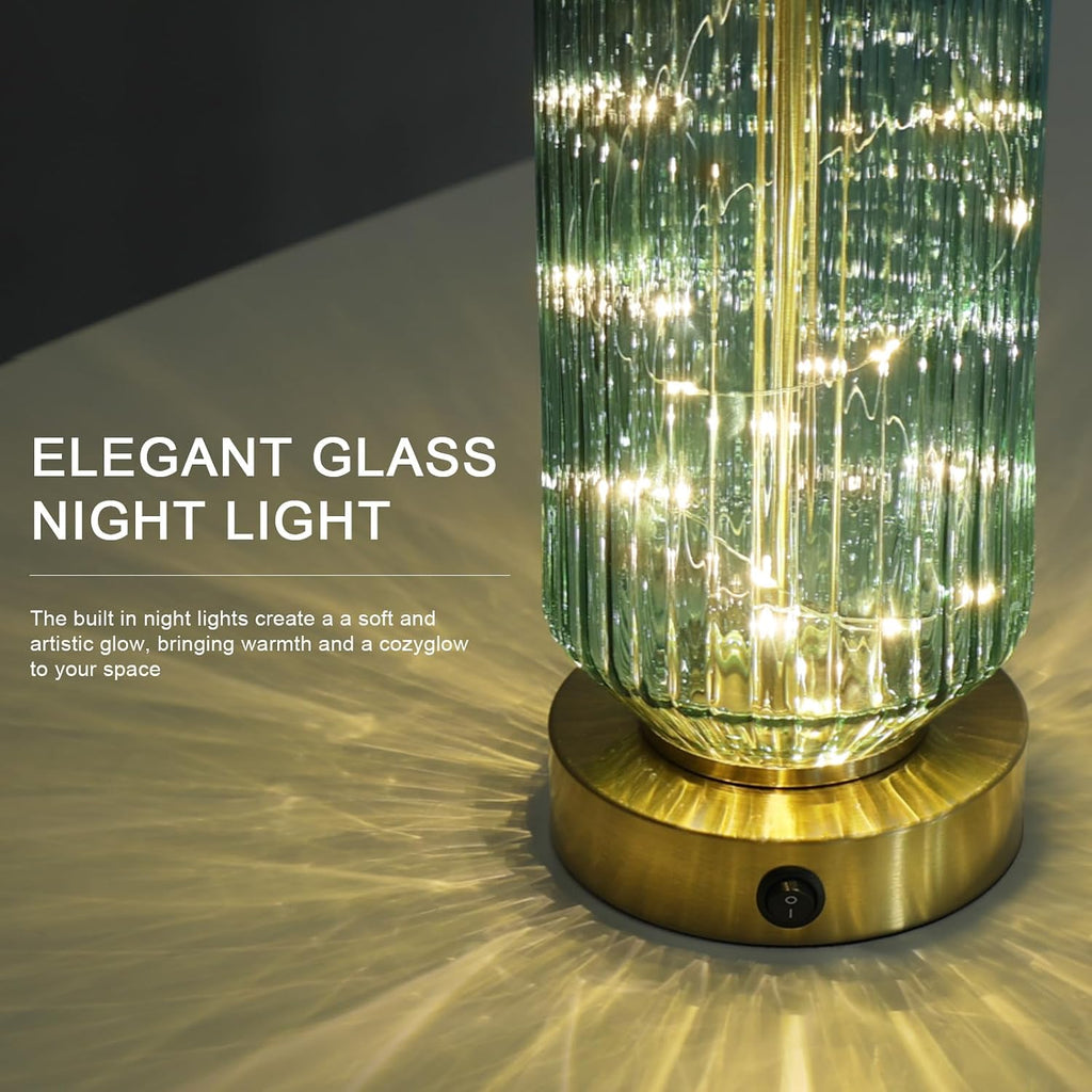Oneach 24.5" Bedside Table Lamps Set of 2, Green Glass Nightstand Lamps with USB A+C Charging Ports and Night Light, Gold Modern Lamps…
