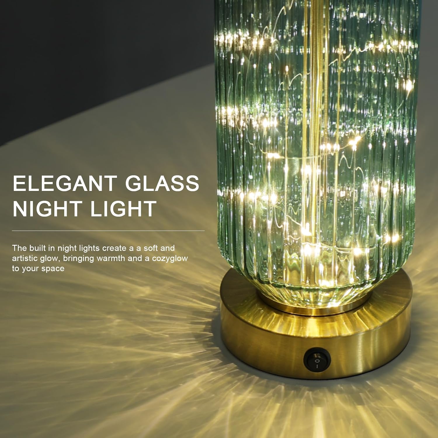 Oneach 24.5" Bedside Table Lamps Set of 2, Green Glass Nightstand Lamps with USB A+C Charging Ports and Night Light, Gold Modern Lamps…