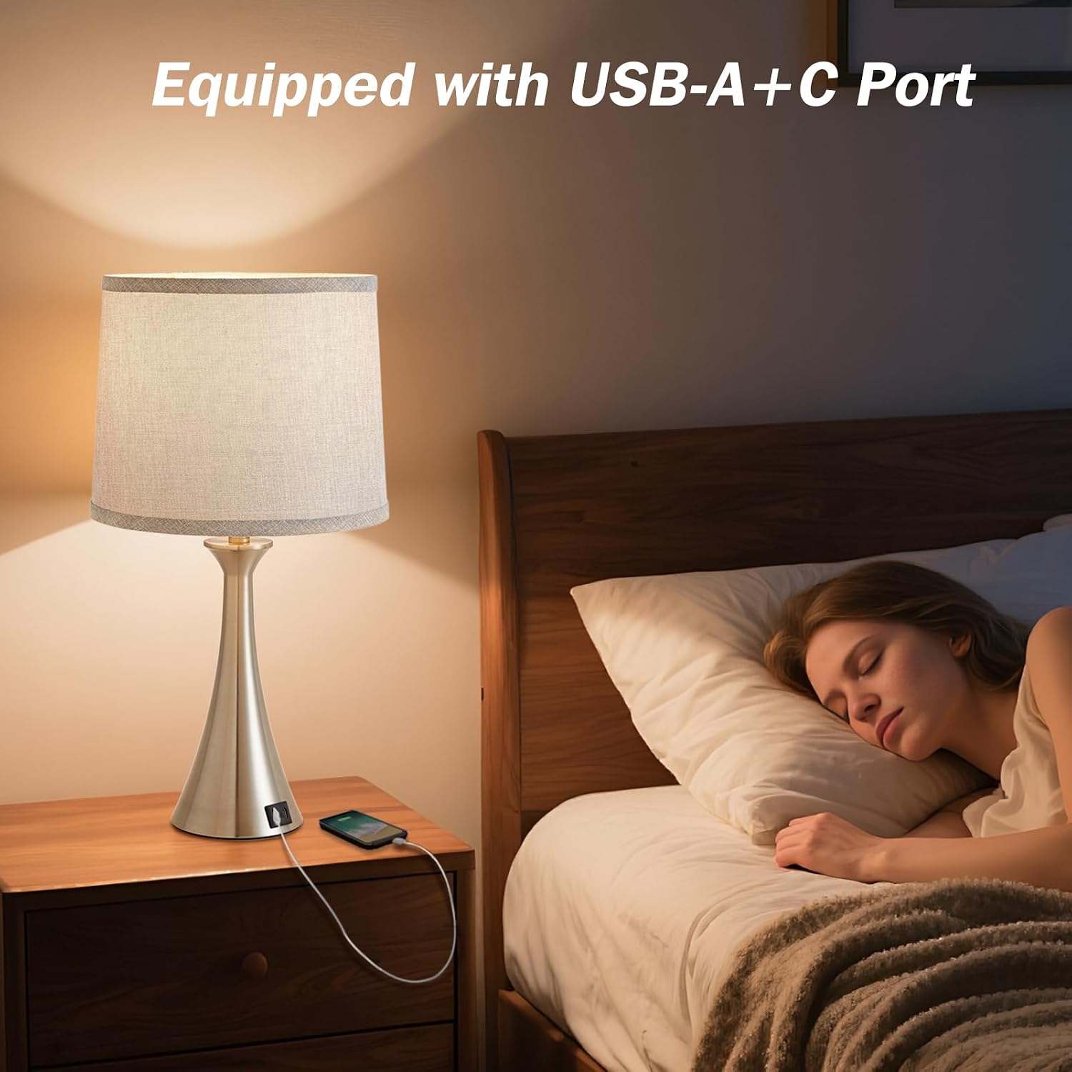 Touch Lamp for Living Room Bedroom, 21" Table Lamps Set of 2 with USB C+A Ports and Grey Lamp Shades, Touch Bedside Lamps for Nightstand…