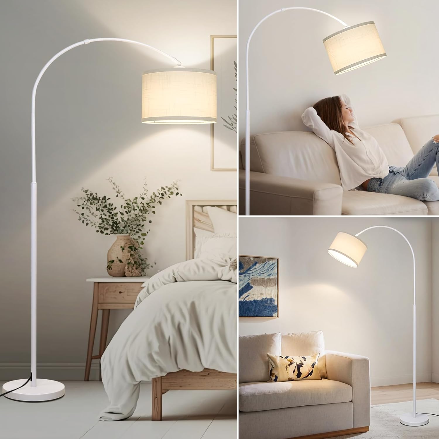 Seaside village Standing Lamp for Living Room, Dimmable Arc Floor Lamp with White Adjustable Hanging Shade, Modern Pole Lamp Tall Reading…